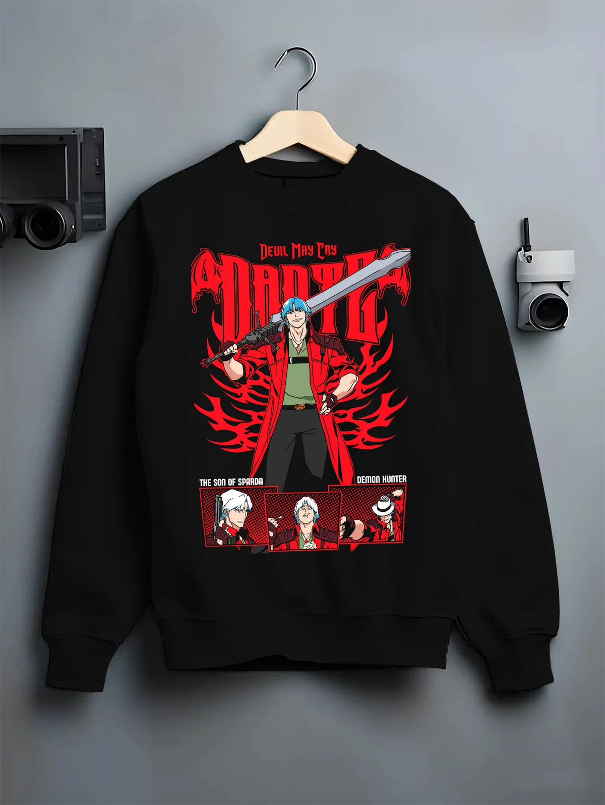 Black crewneck sweatshirt on hanger showing Dante from Devil May Cry: Devil May Cry