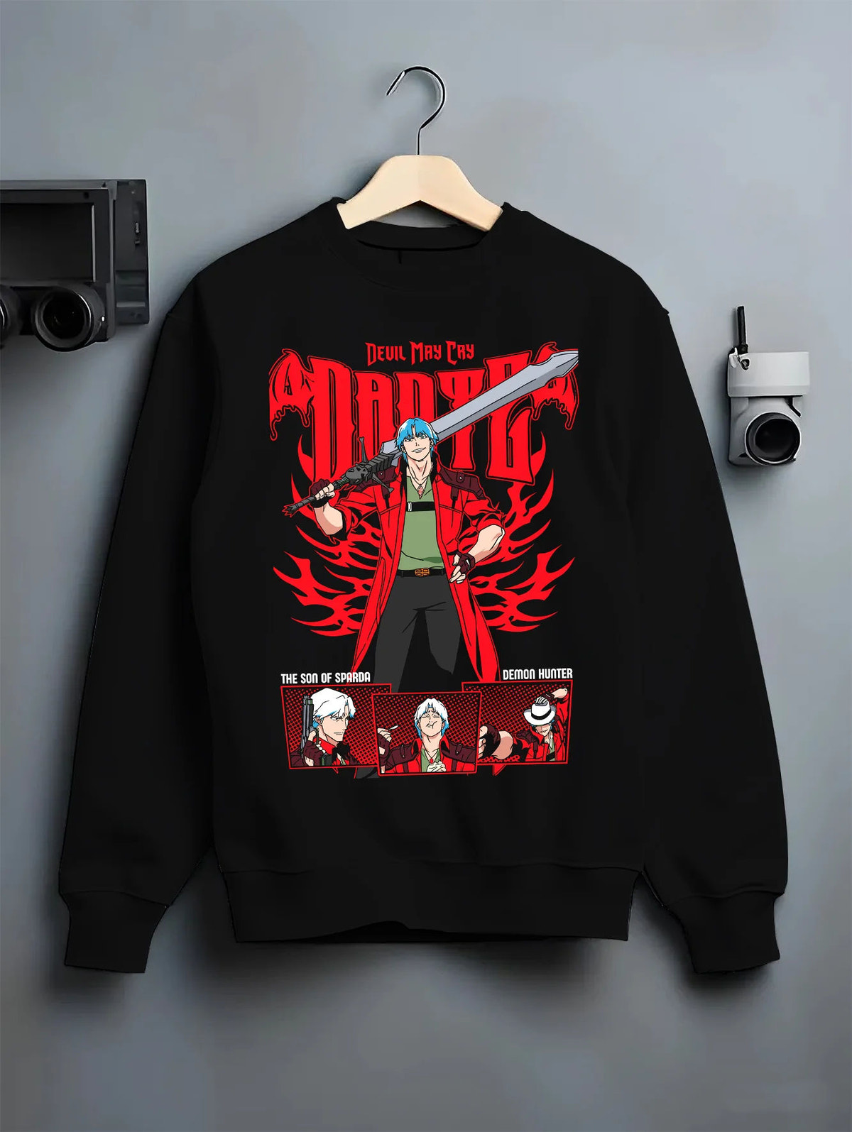 Black crewneck sweatshirt on hanger showing Dante from Devil May Cry: Devil May Cry