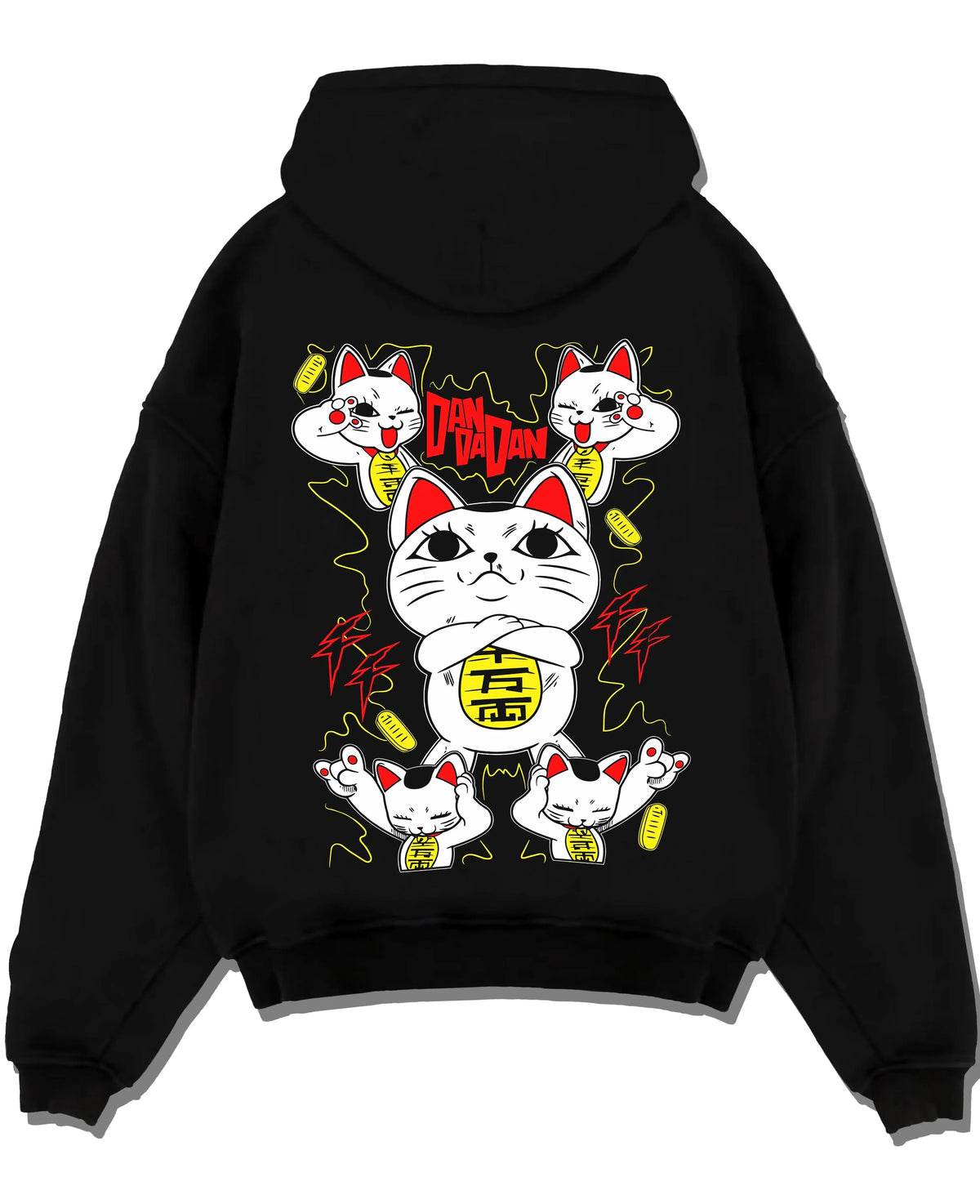 Black pullover hoodie laid flat with Turbo Granny Hoodie Dandadan Paranormal Spirit Form graphic streetwear graphic.