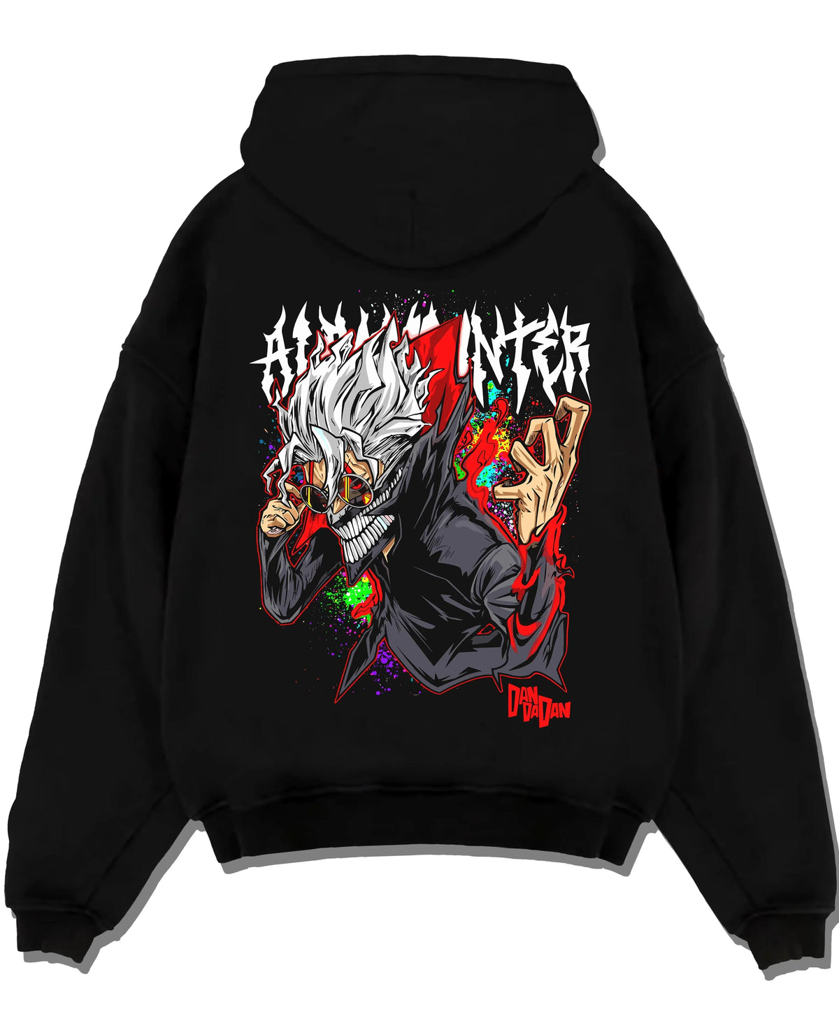 Black pullover hoodie laid flat with Ken Turbo Form Hoodie Dandadan Supernatural Fight graphic bold anime graphic.