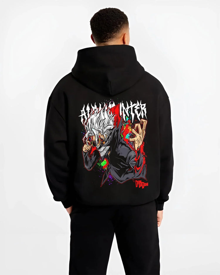 Black hoodie worn by male model, back view with Ken Turbo Form Hoodie Dandadan Supernatural Fight graphic premium wear.