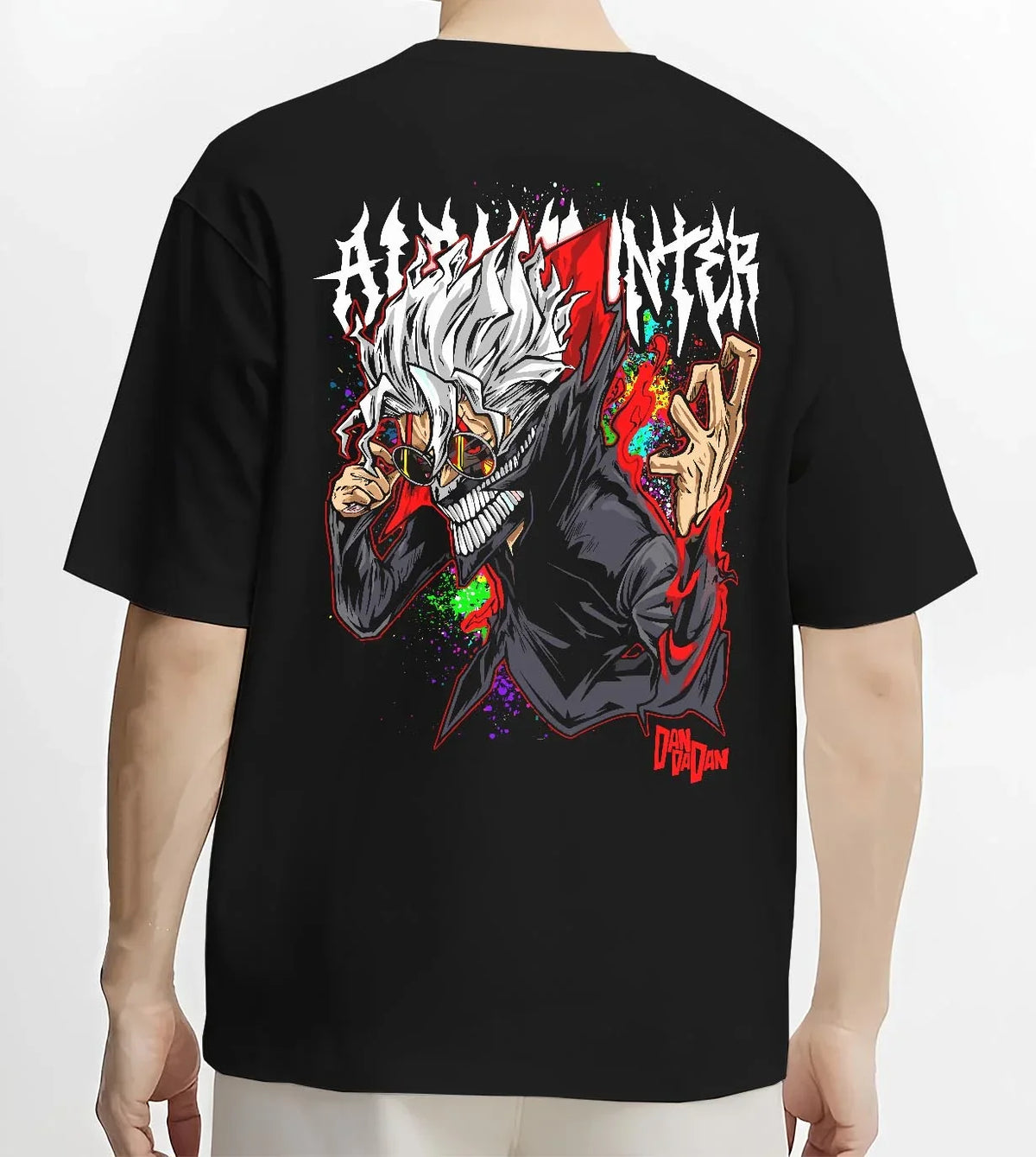 Black T-shirt worn by male model, back view with Ken Turbo Form Hoodie Dandadan Supernatural Fight graphic bold anime graphic.
