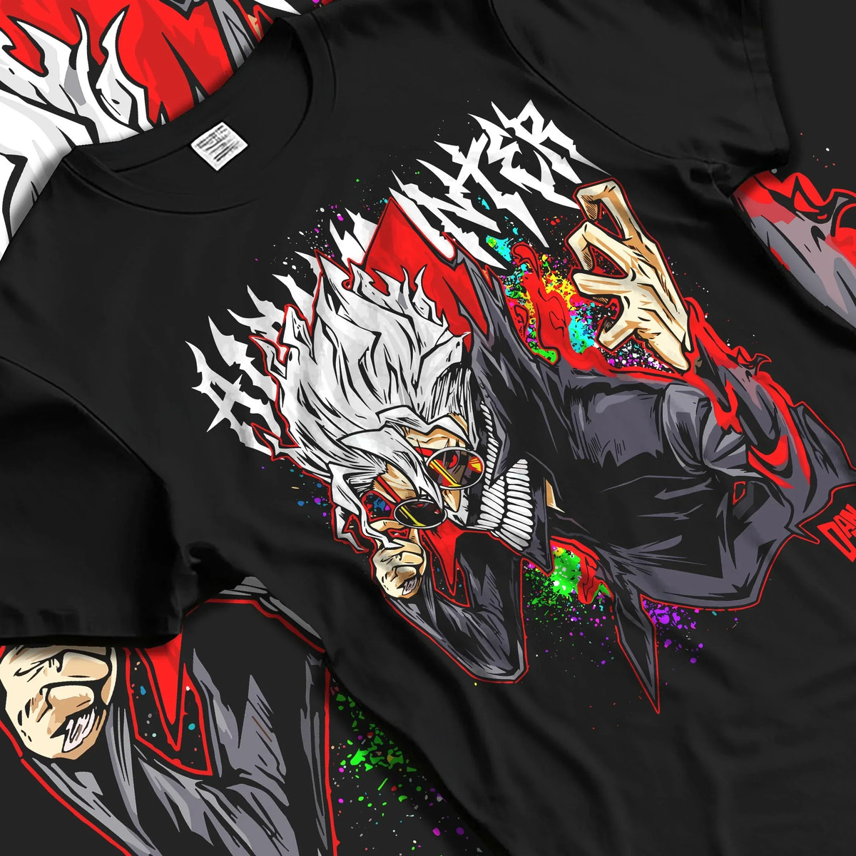 Black T-shirt laid flat with natural folds with Ken Turbo Form Hoodie Dandadan Supernatural Fight graphic premium wear.