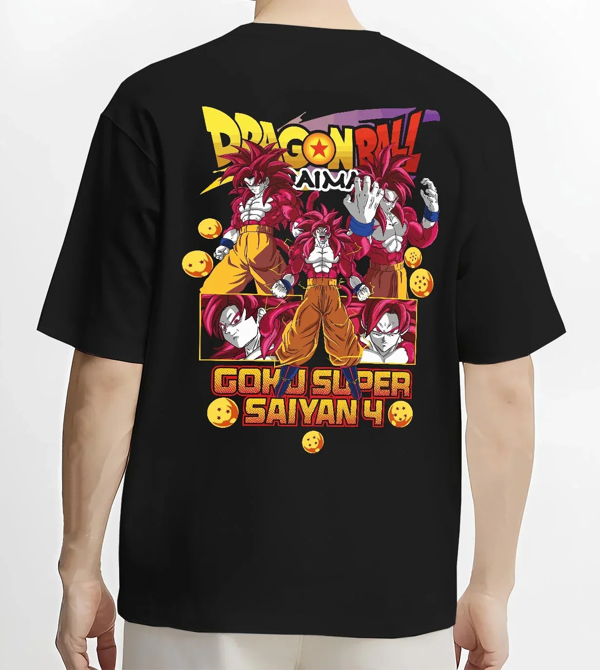 Black T-shirt worn by male model, back view with Goku Super Saiyan 4 Hoodie Dragon Ball GT Retro Print graphic premium wear.