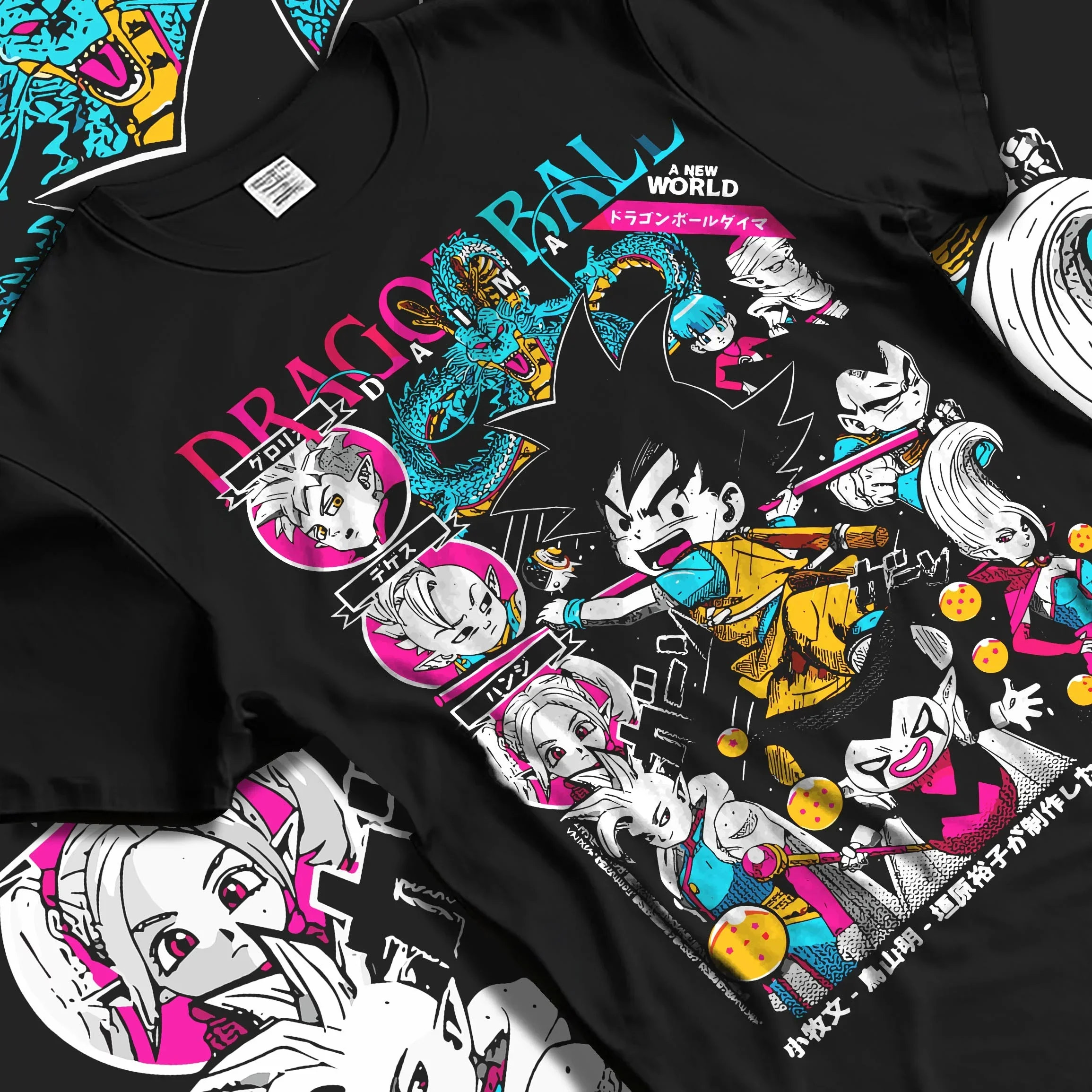 Black T-shirt laid flat with natural folds with Goku Adventure Hoodie Dragon Ball Daima Hero Anime graphic streetwear graphic.