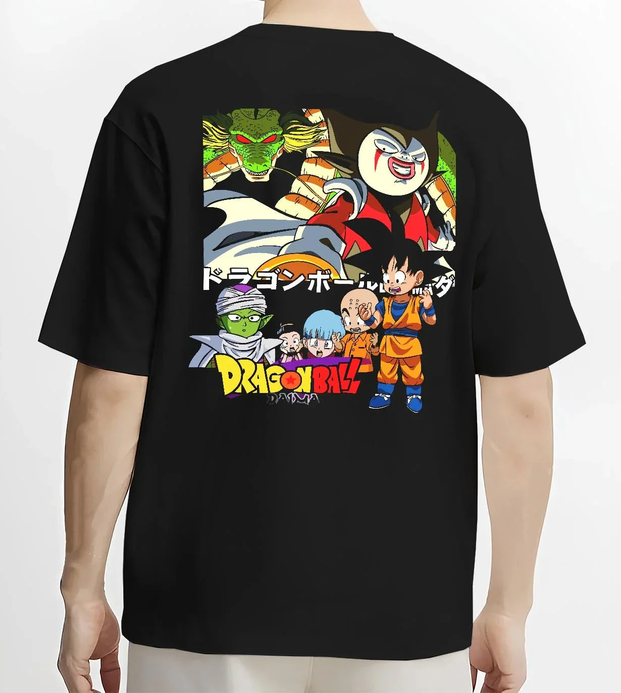 Black T-shirt worn by male model, back view with Dragon Ball Daima Hoodie New World Anime Heroes graphic premium wear.
