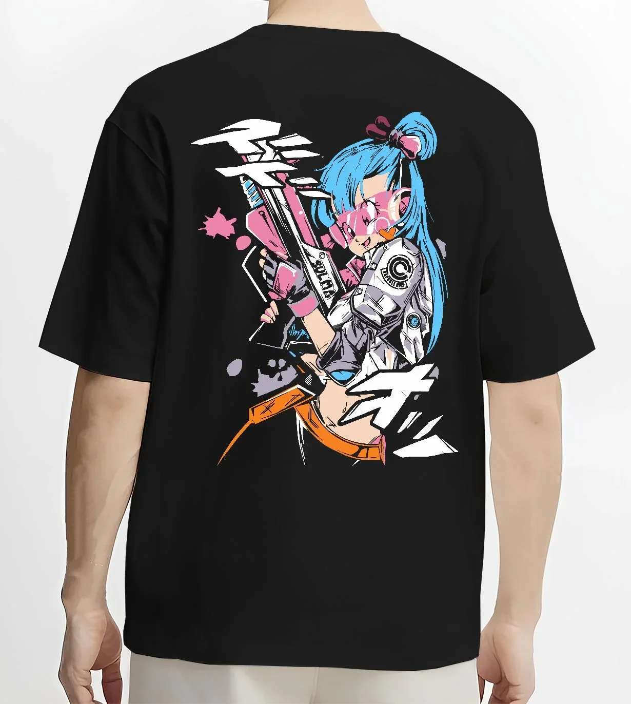 Black T-shirt worn by male model, back view with Bulma Hoodie Dragon Ball Retro Capsule Corp Scene graphic Bulma anime design.