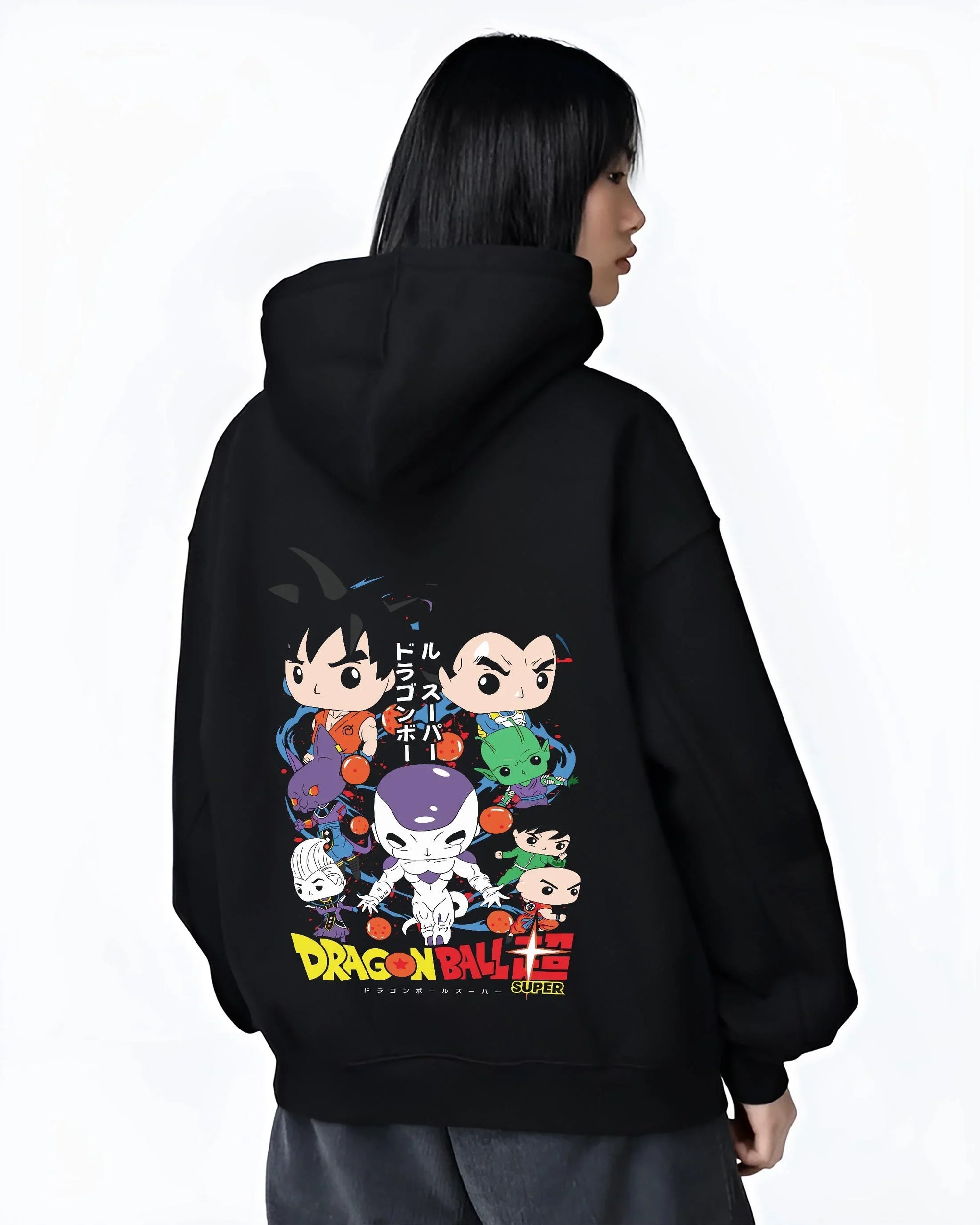 Black hoodie worn by female model, back view with Dragon Ball Hoodie Villains Retro Anime Poster Art graphic streetwear graphic.