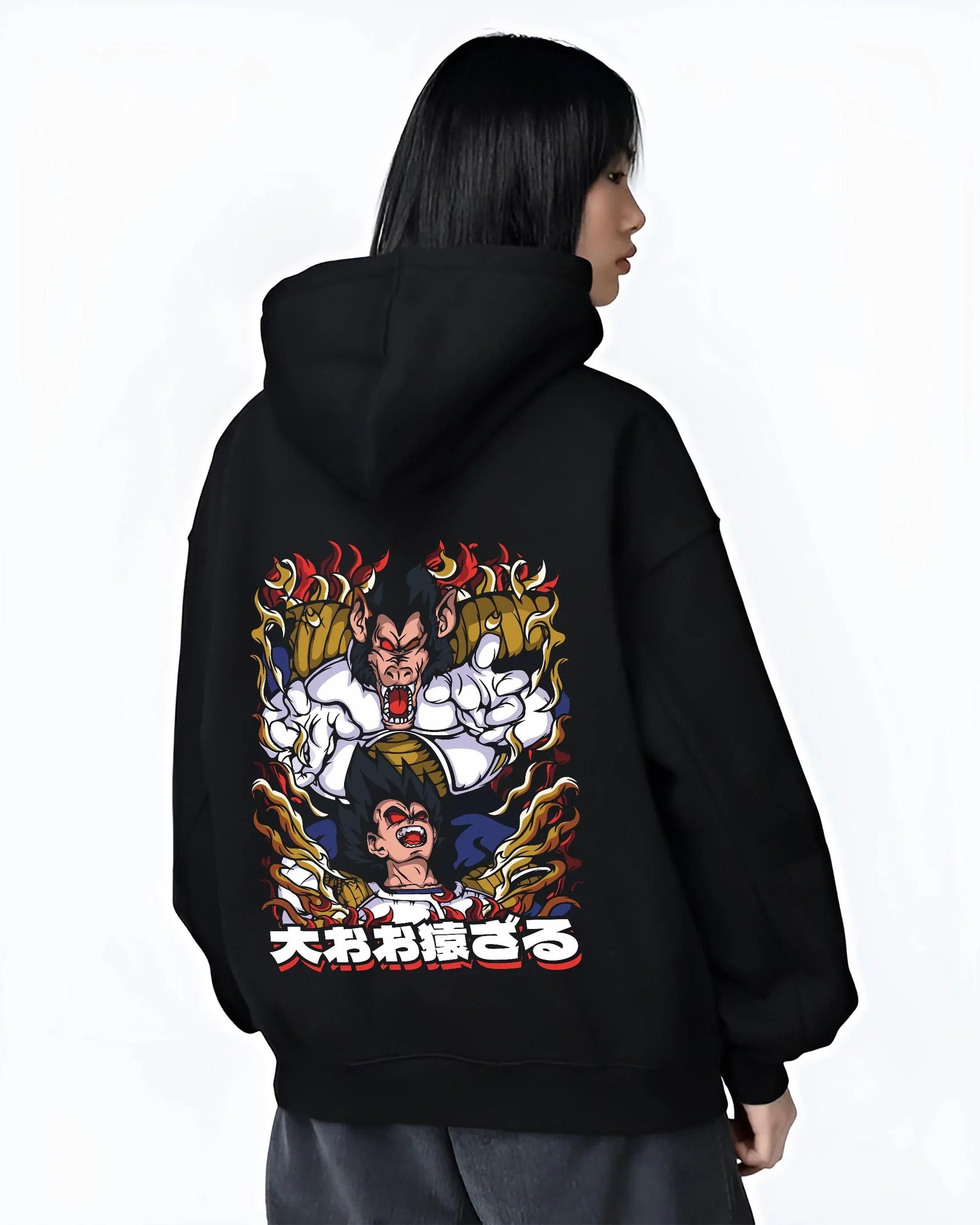 Black hoodie worn by female model, back view with Vegeta Hoodie Dragon Ball GT Saiyan Rage Ape Form graphic bold anime graphic.