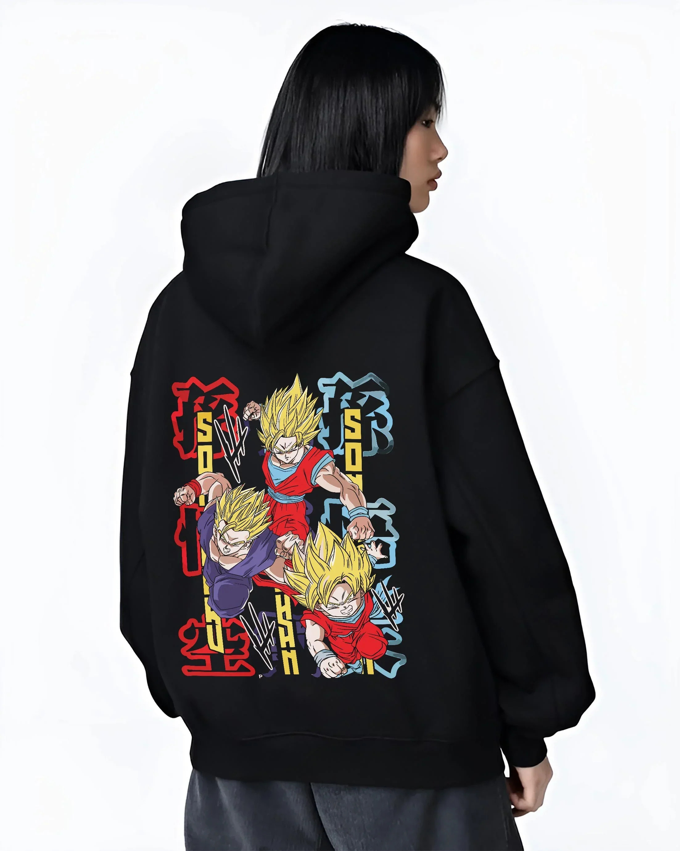 Black hoodie worn by female model, back view with Goten Hoodie Dragon Ball Z Fusion Retro Anime Pose graphic bold anime graphic.