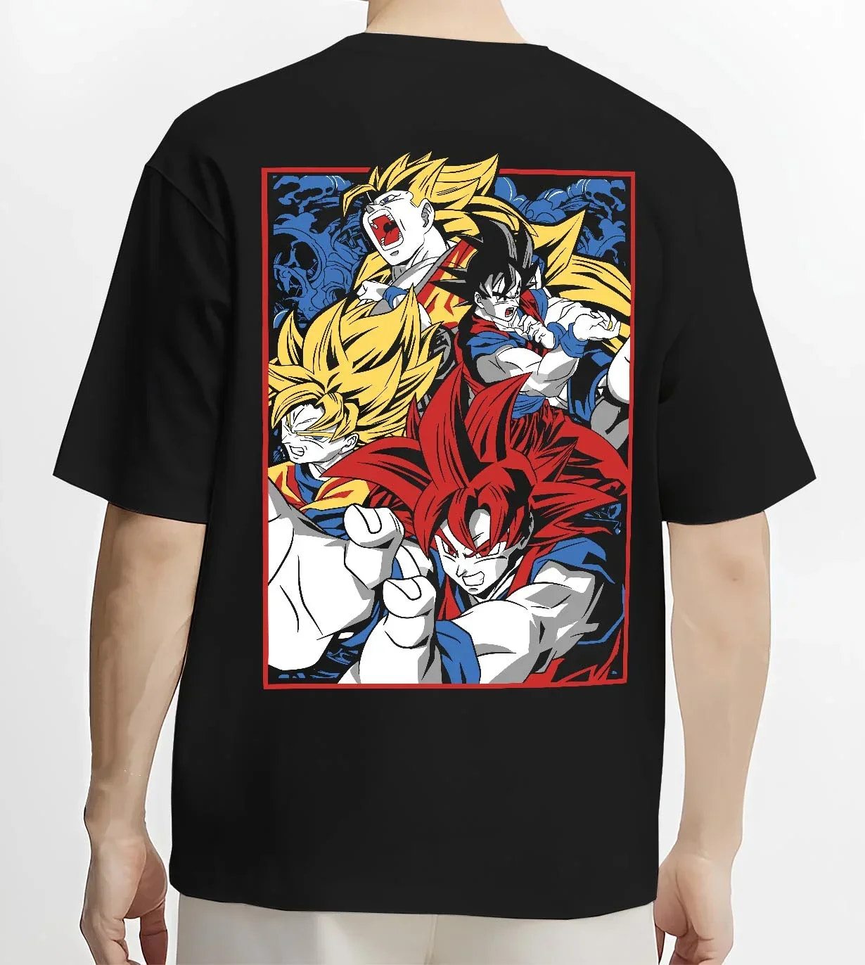 Black T-shirt worn by male model, back view with Goku Hoodie Dragon Ball Z Saiyan Transform Battle graphic streetwear graphic.