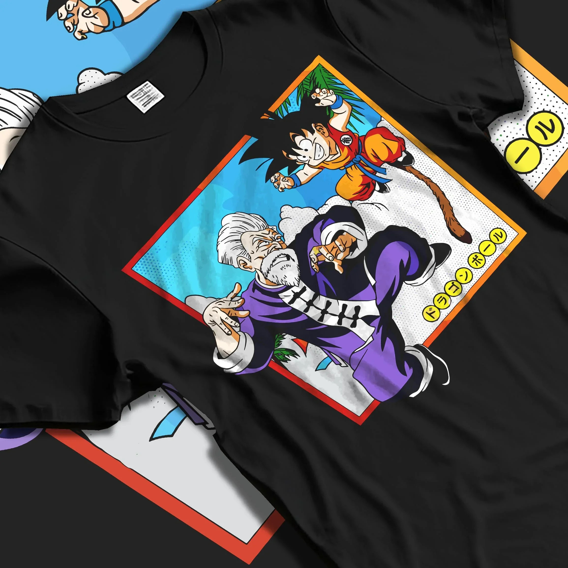 Black T-shirt laid flat with natural folds with Dragon Ball Hoodie Goku Training Retro Anime Panel graphic streetwear graphic.