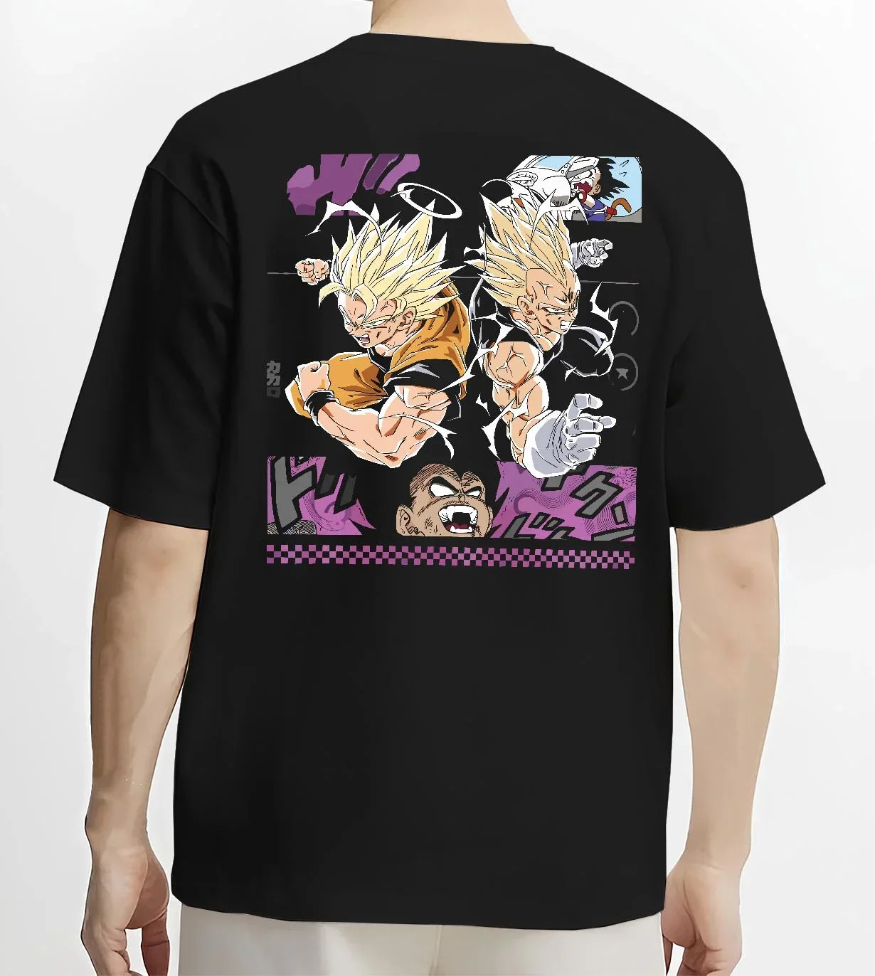 Black T-shirt worn by male model, back view with Goku Hoodie Dragon Ball Z Super Saiyan Epic Pose graphic premium wear.