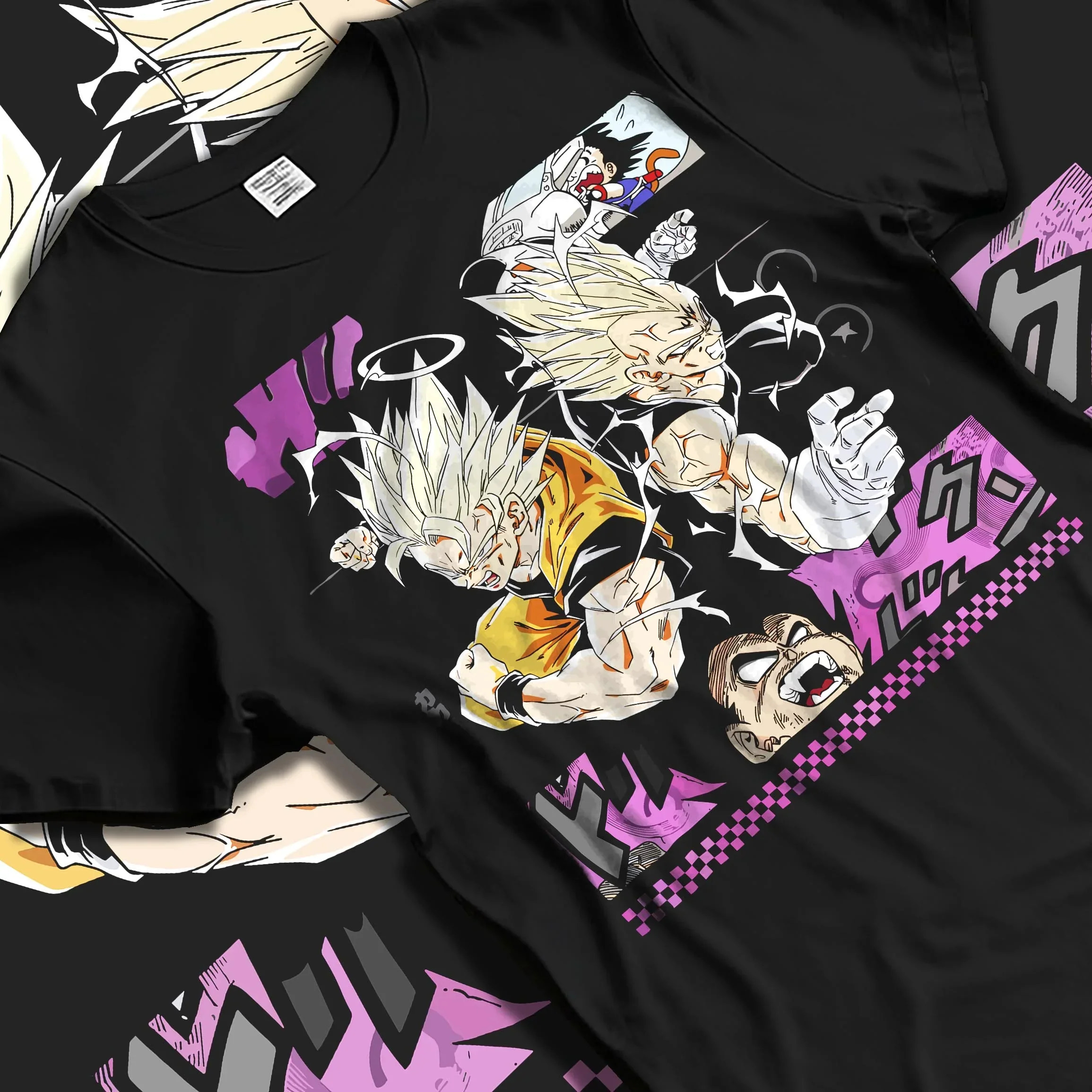 Black T-shirt laid flat with natural folds with Goku Hoodie Dragon Ball Z Super Saiyan Epic Pose graphic streetwear graphic.