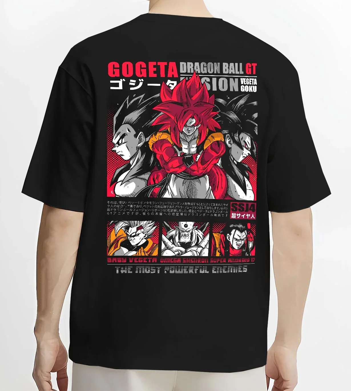 Black T-shirt worn by male model, back view with Gogeta Hoodie Dragon Ball GT Super Saiyan Fusion graphic premium wear.