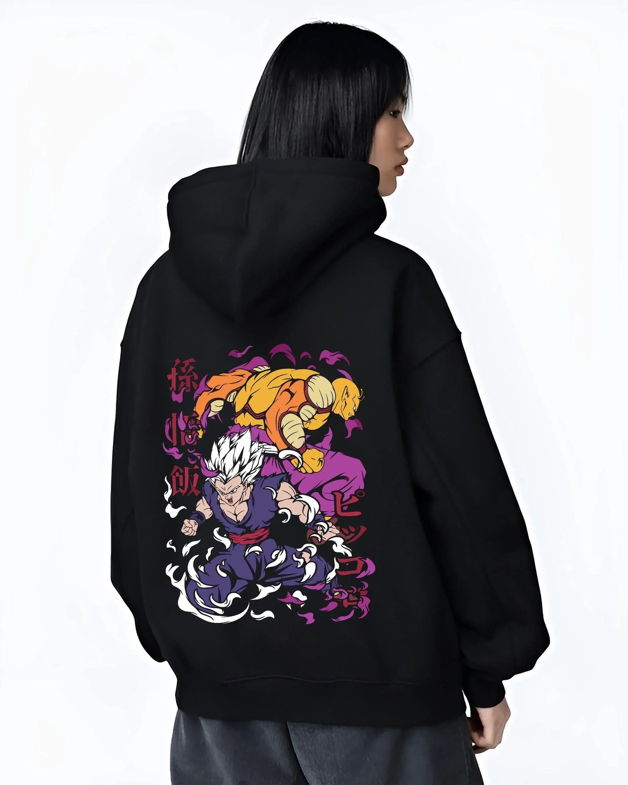 Black hoodie worn by female model, back view with Gohan Hoodie Dragon Ball Z Mystic Super Saiyan Pose graphic Gohan anime design.