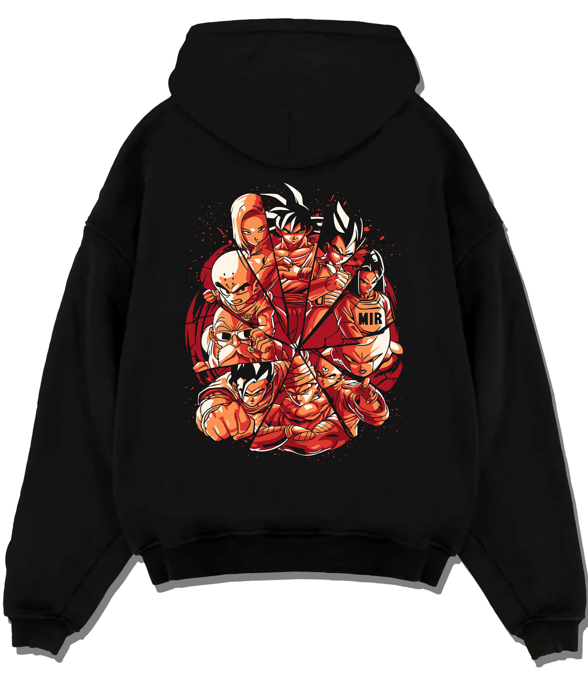 Black hoodie flat back view showing Dragon Ball Z characters: ensemble