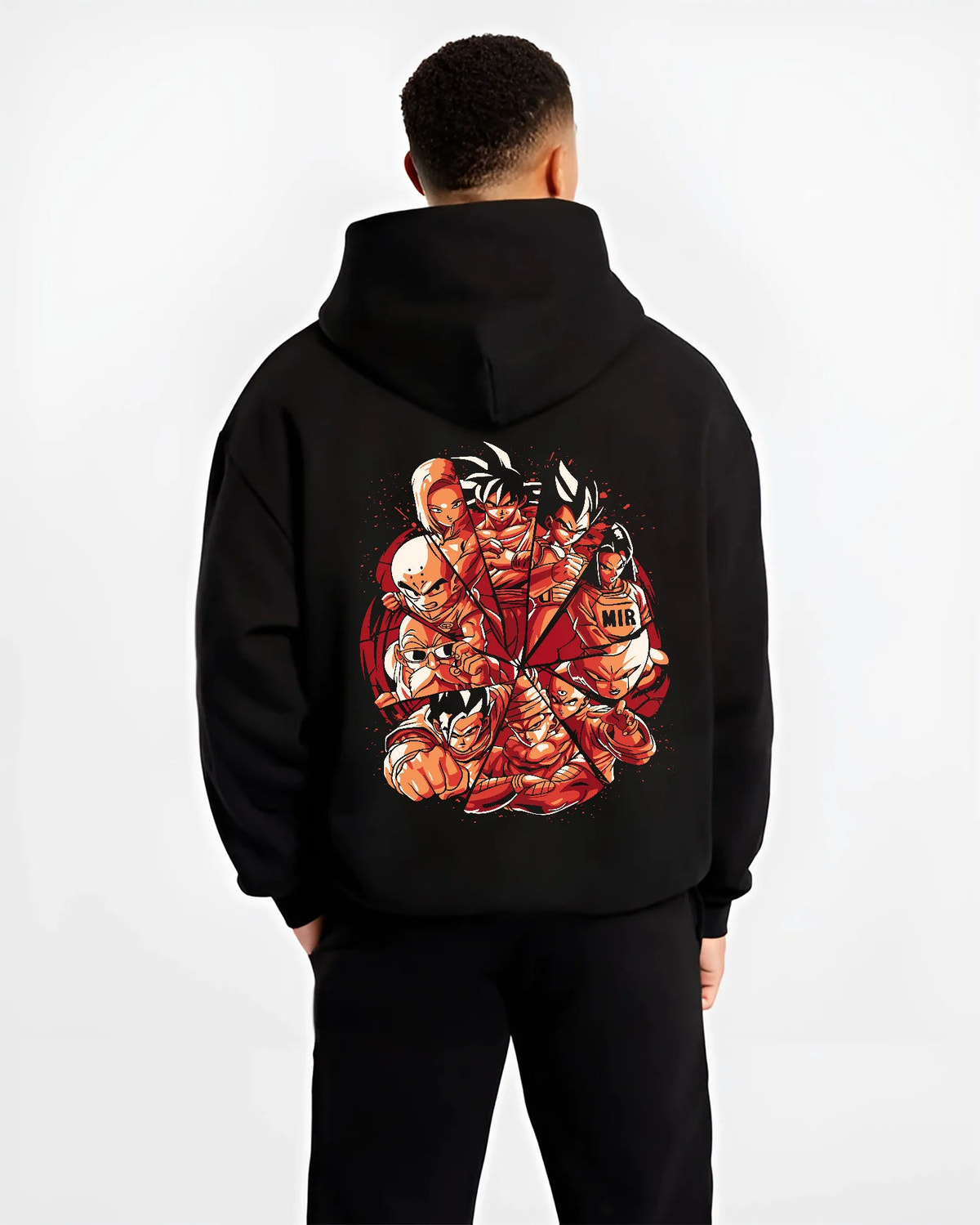 Black hoodie model back view showing Dragon Ball Z characters: ensemble