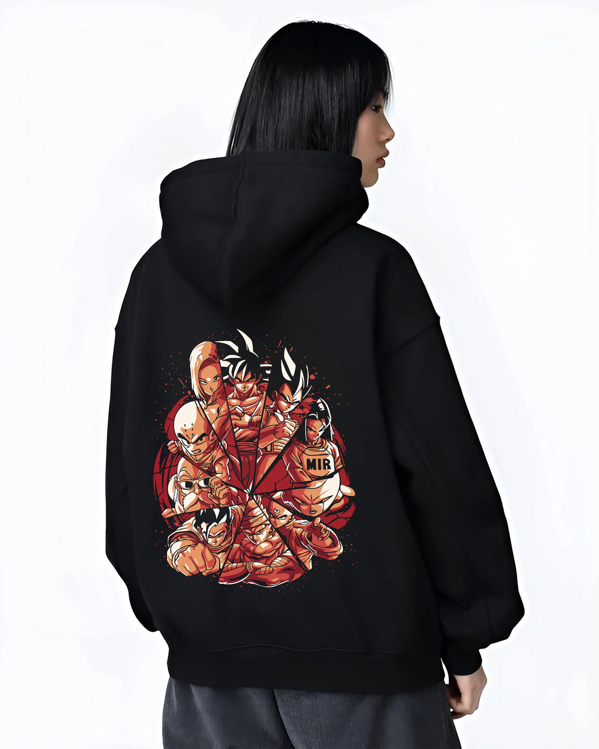 Black hoodie female model back view showing Dragon Ball Z characters: ensemble
