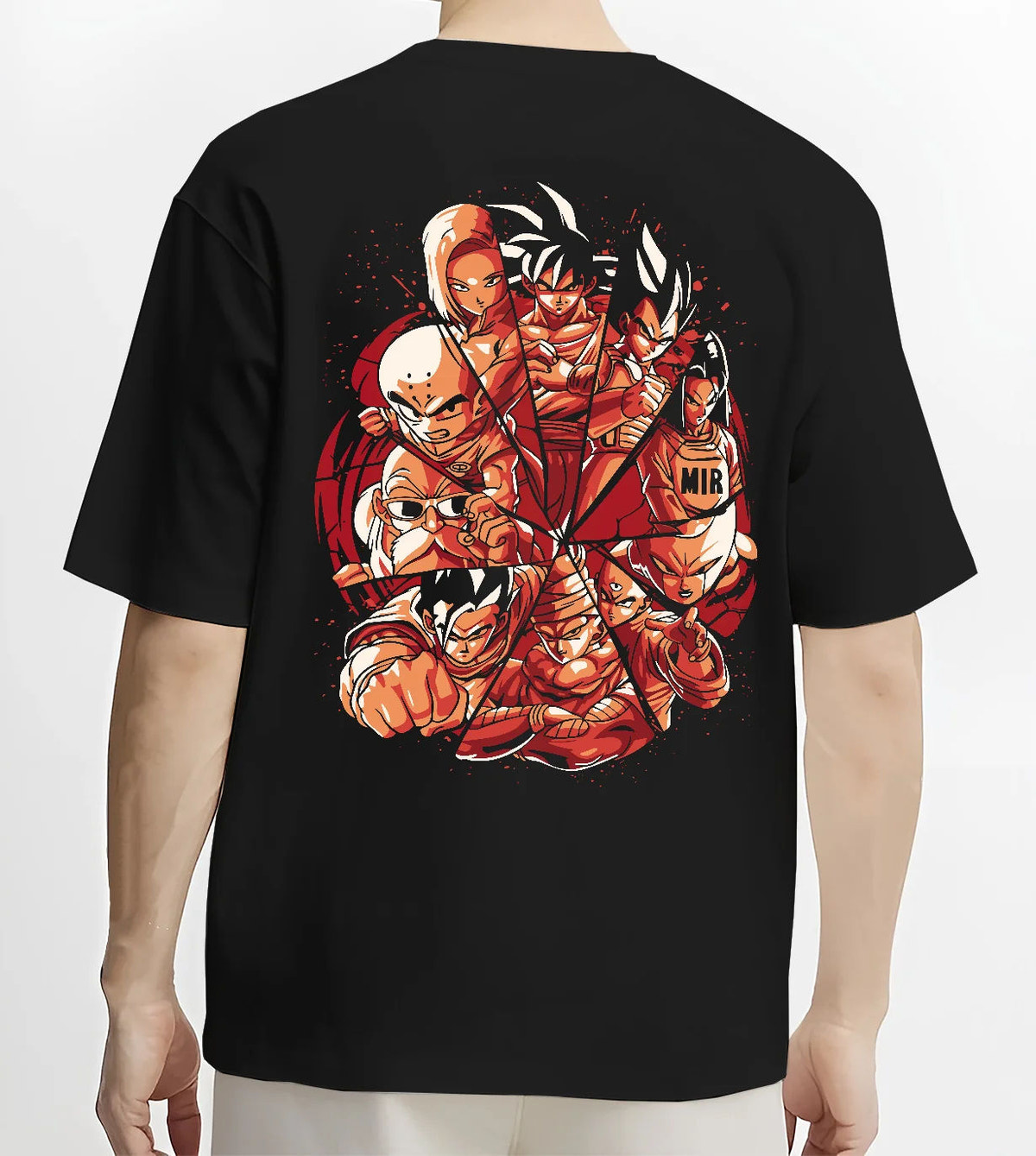 Black T-shirt model back view showing Dragon Ball Z characters: ensemble