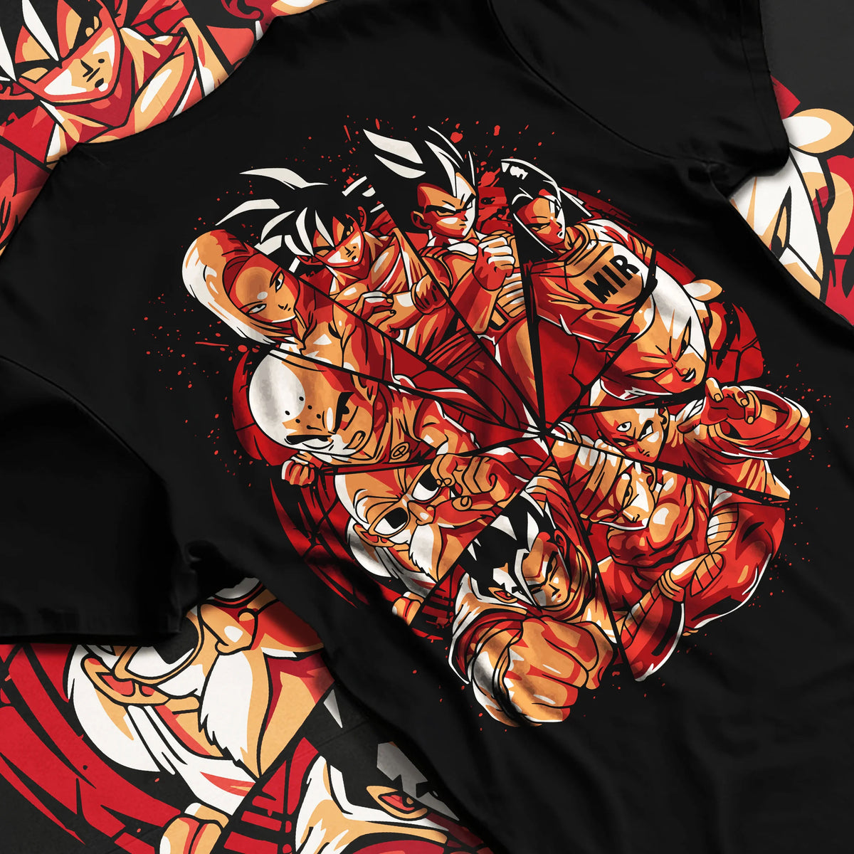 Black T-shirt flat back view showing Dragon Ball Z characters: ensemble
