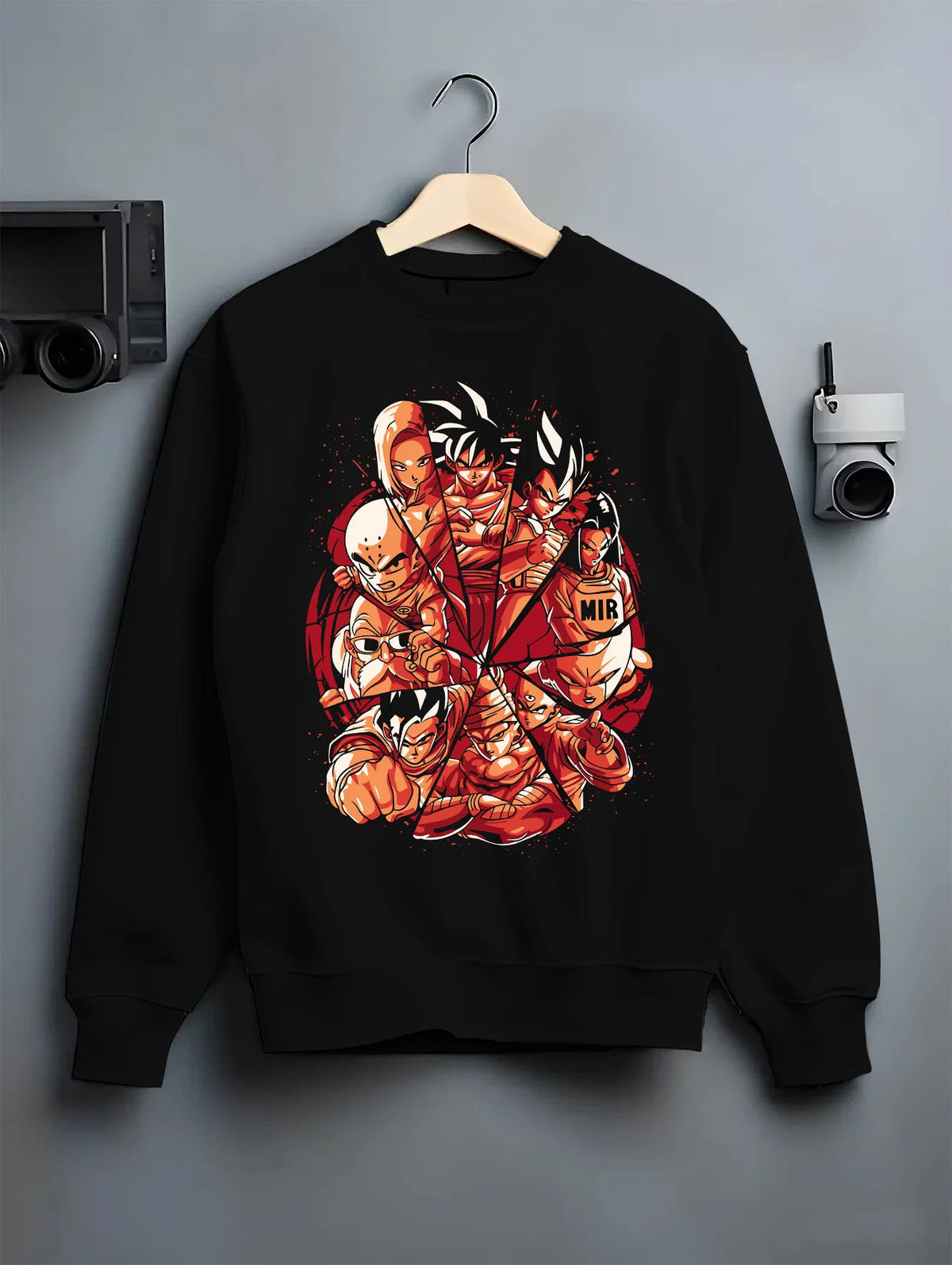 Black crewneck sweatshirt on hanger showing Dragon Ball Z characters: ensemble