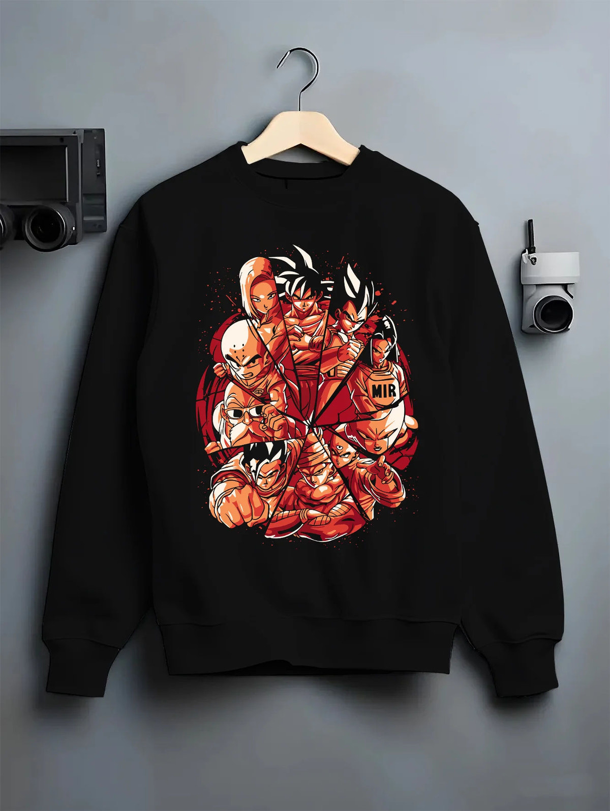 Black crewneck sweatshirt on hanger showing Dragon Ball Z characters: ensemble