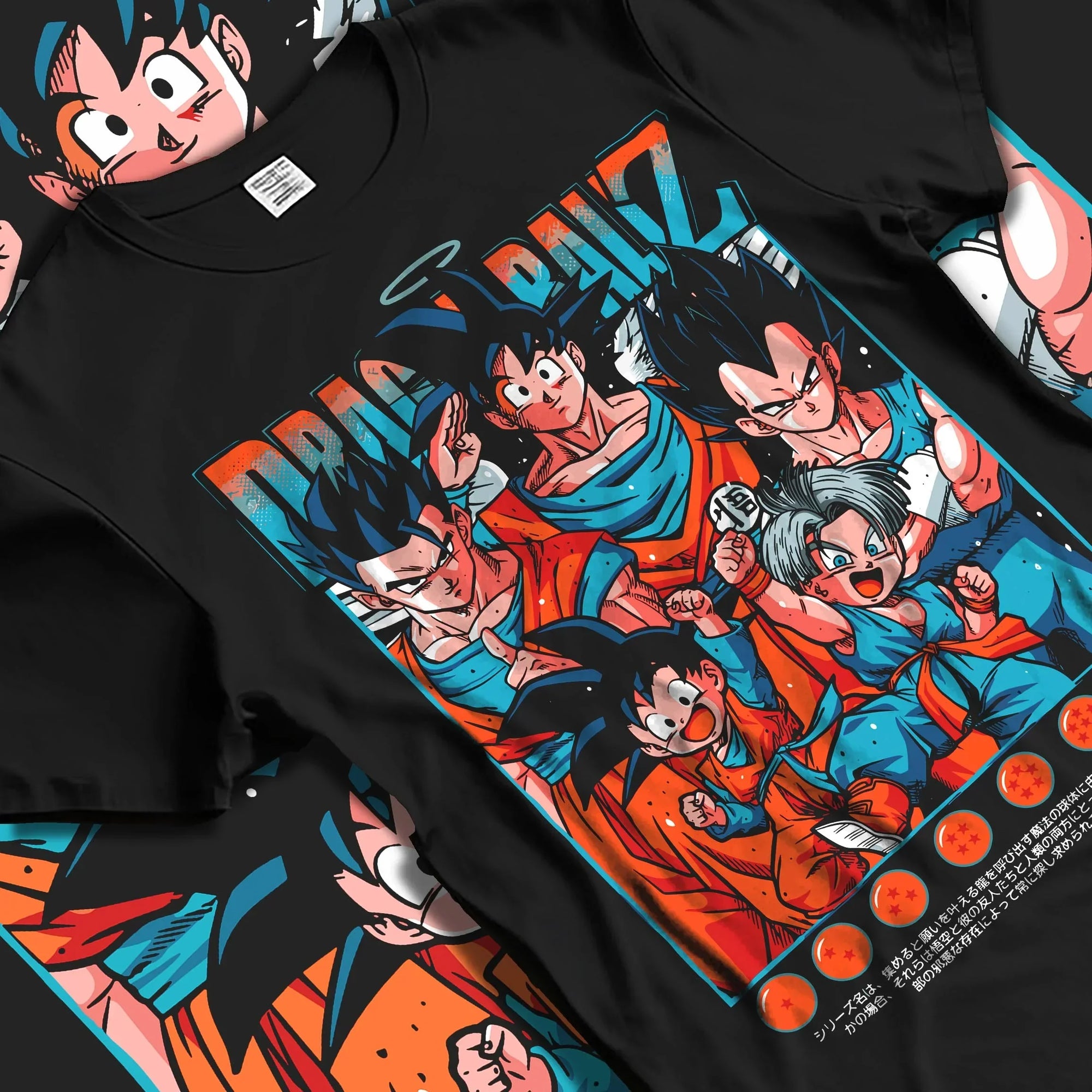Black T-shirt laid flat with natural folds with Dragon Ball Hoodie Z Fighters Team Retro Collage graphic streetwear graphic.