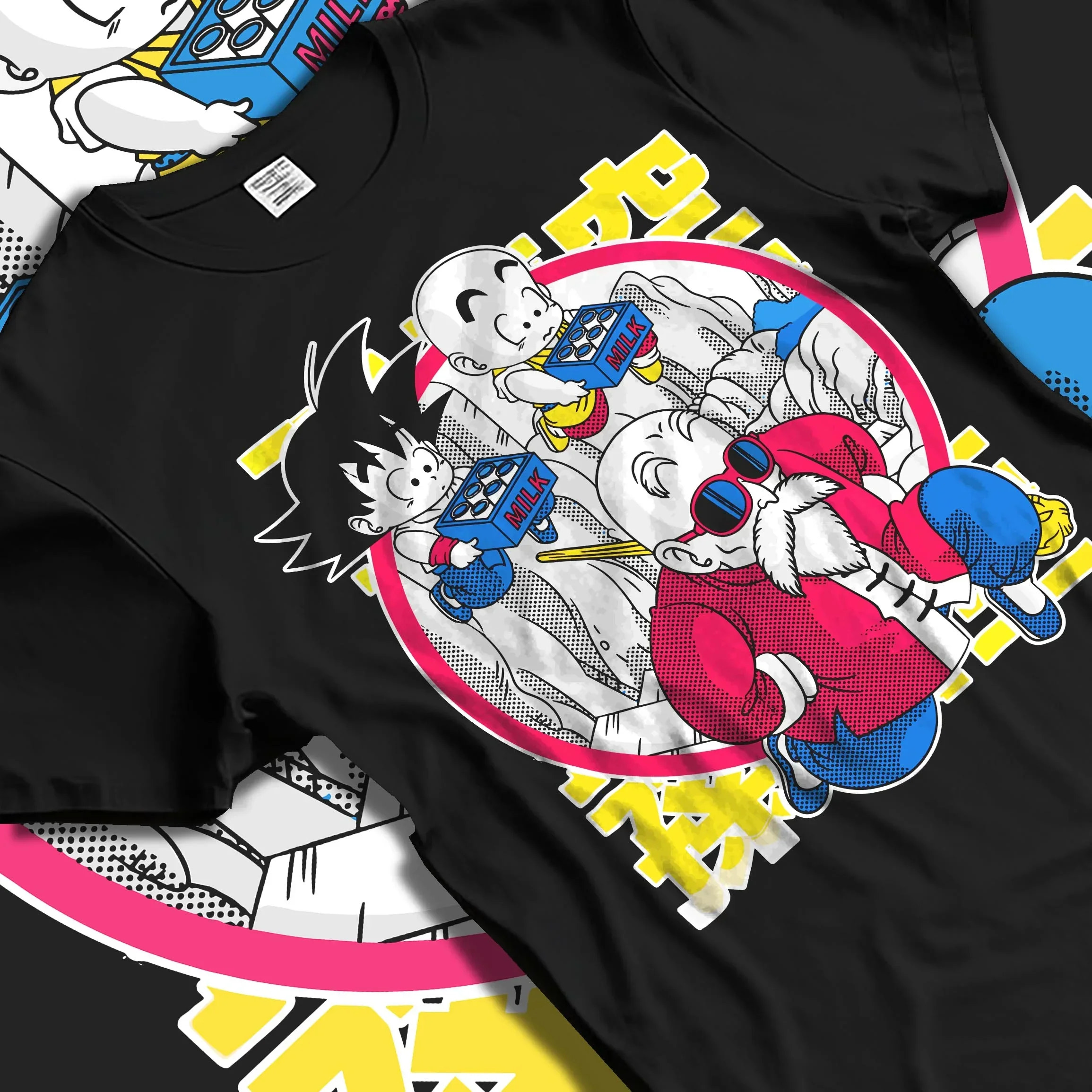 Black T-shirt laid flat with natural folds with Dragon Ball Hoodie Krillin Retro Training White Gi graphic bold anime graphic.