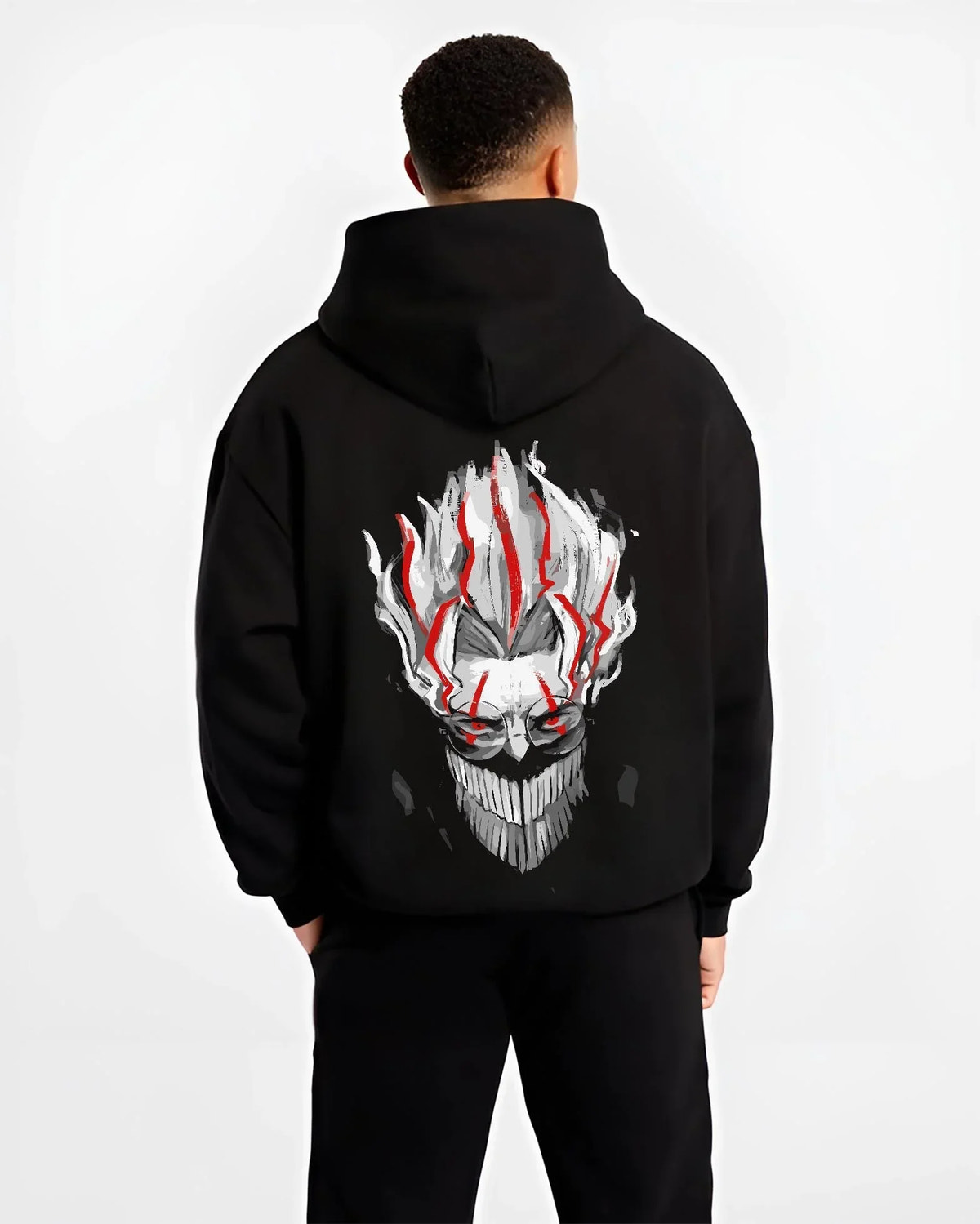 Black hoodie worn by male model, back view with Dandadan Hoodie Paranormal Spirit Ghostly Red Scene graphic streetwear graphic.