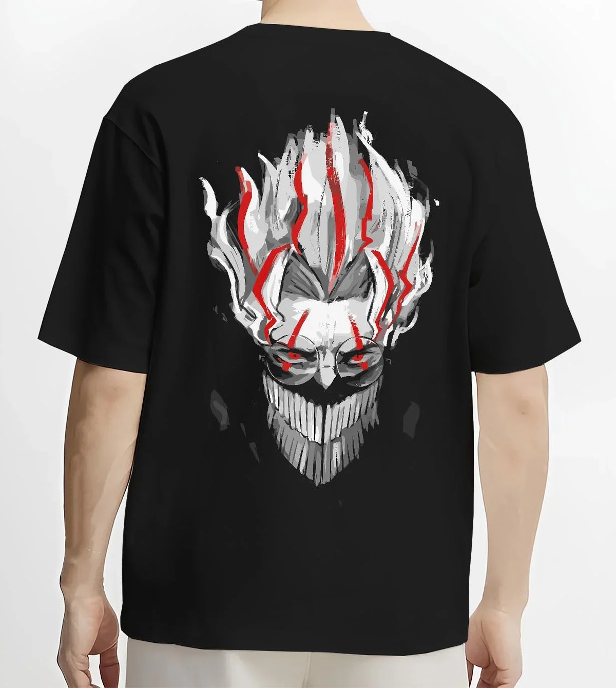 Black T-shirt worn by male model, back view with Dandadan Hoodie Paranormal Spirit Ghostly Red Scene graphic Okarun anime design.