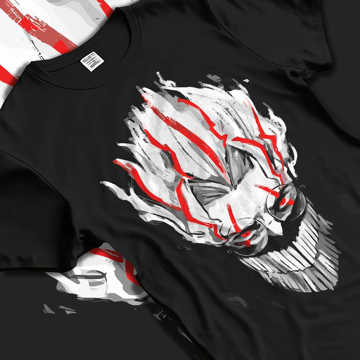 Black T-shirt laid flat with natural folds with Dandadan Hoodie Paranormal Spirit Ghostly Red Scene graphic Okarun anime design.