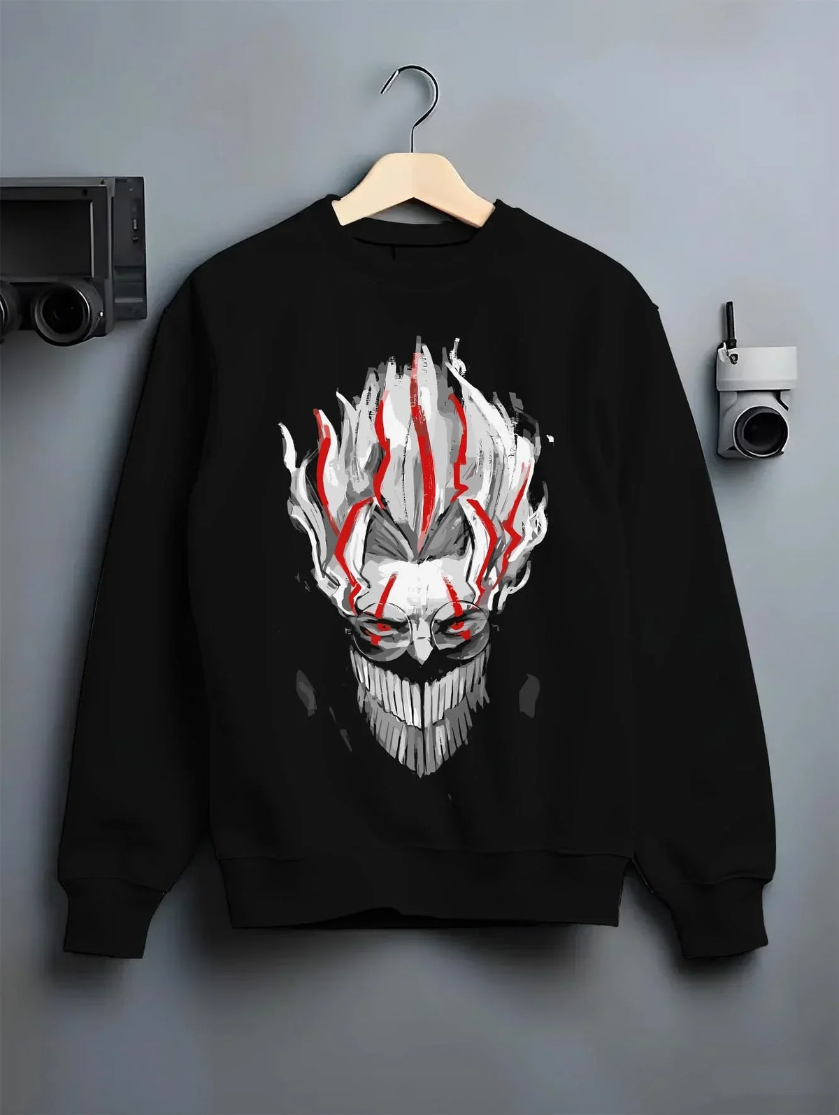 Black crewneck sweatshirt on hanger with Dandadan Hoodie Paranormal Spirit Ghostly Red Scene graphic bold anime graphic.