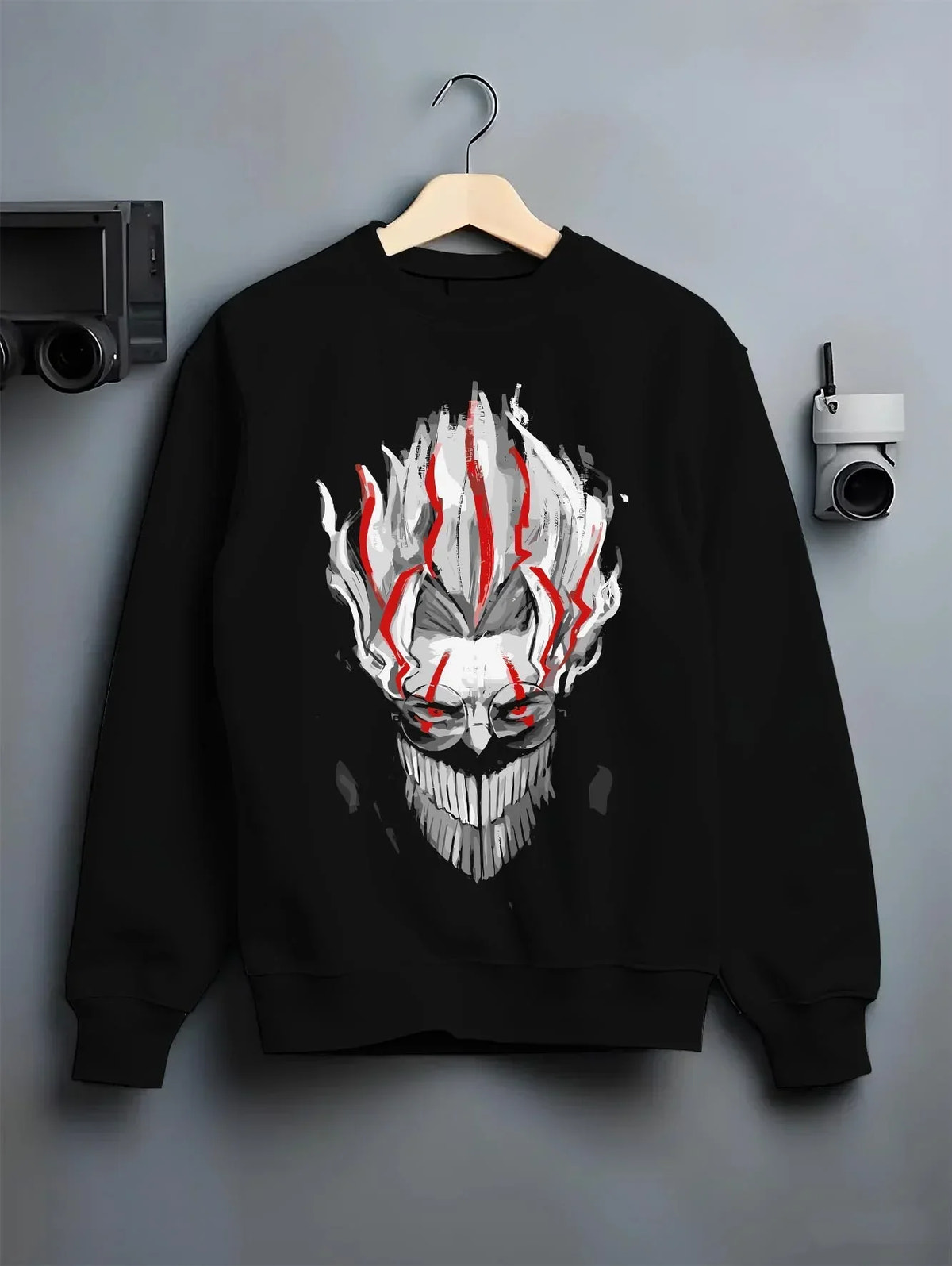 Black crewneck sweatshirt on hanger with Dandadan Hoodie Paranormal Spirit Ghostly Red Scene graphic bold anime graphic.