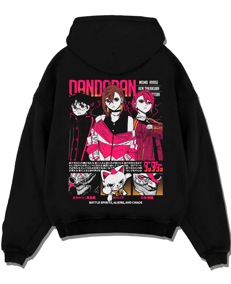 Black pullover hoodie laid flat with Dandadan Hoodie Paranormal Duo Retro Anime Poster graphic streetwear graphic.
