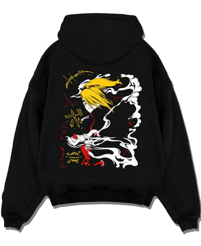 Black pullover hoodie laid flat with Bleach Hoodie Ichigo Hollow Mask Retro Anime Poster graphic bold anime graphic.