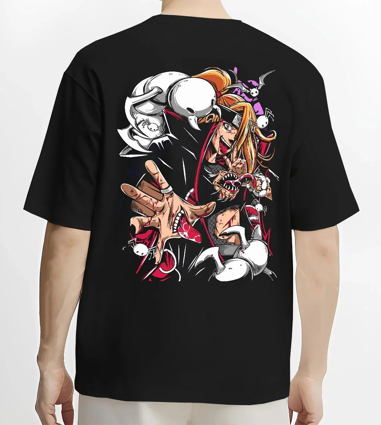 Black T-shirt worn by male model, back view with Bleach Hoodie Ichigo Battle Form Hollow Retro Print graphic streetwear graphic.