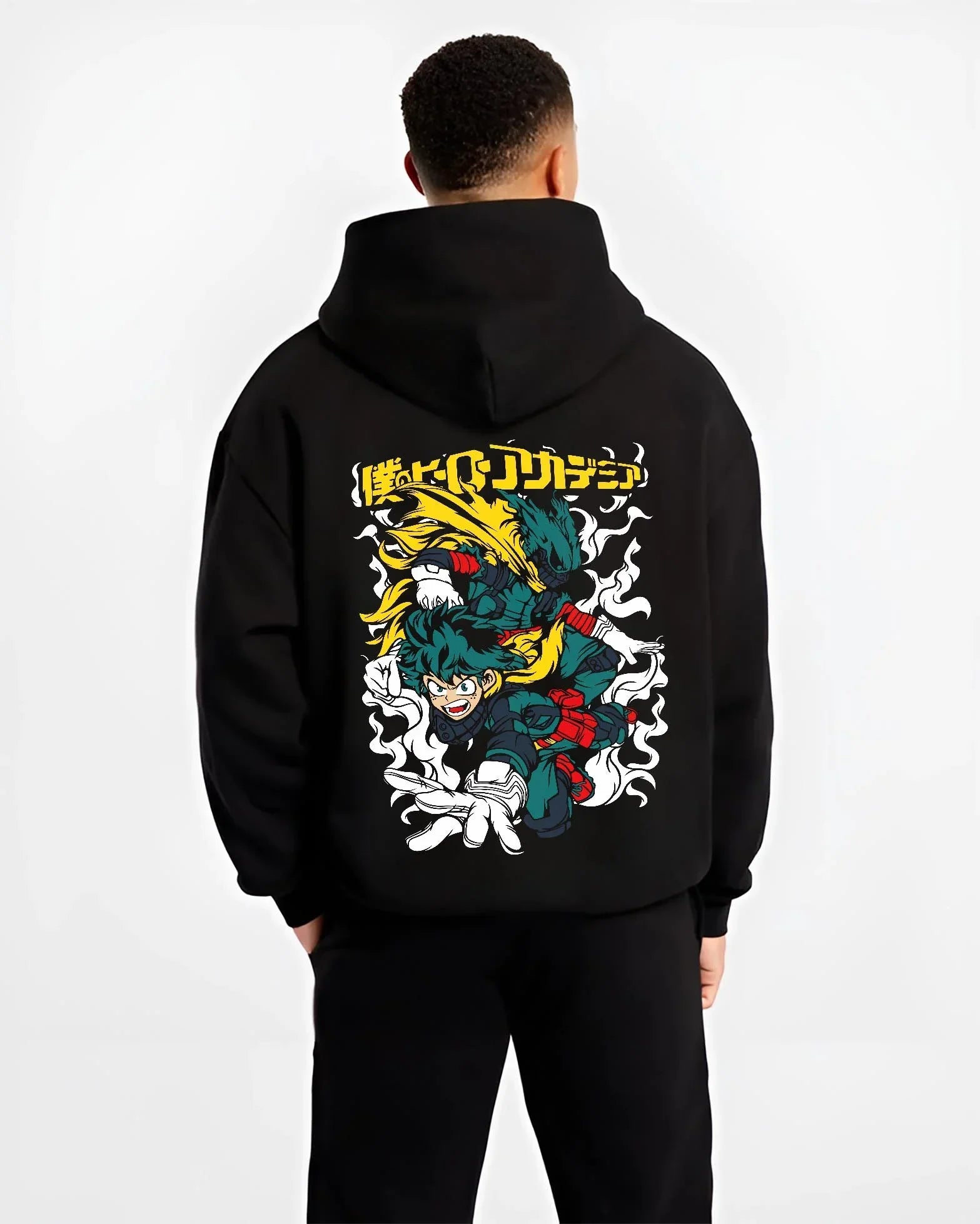 Black hoodie worn by male model, back view with Deku Hoodie My Hero Academia Full Power Smash Print graphic premium wear.