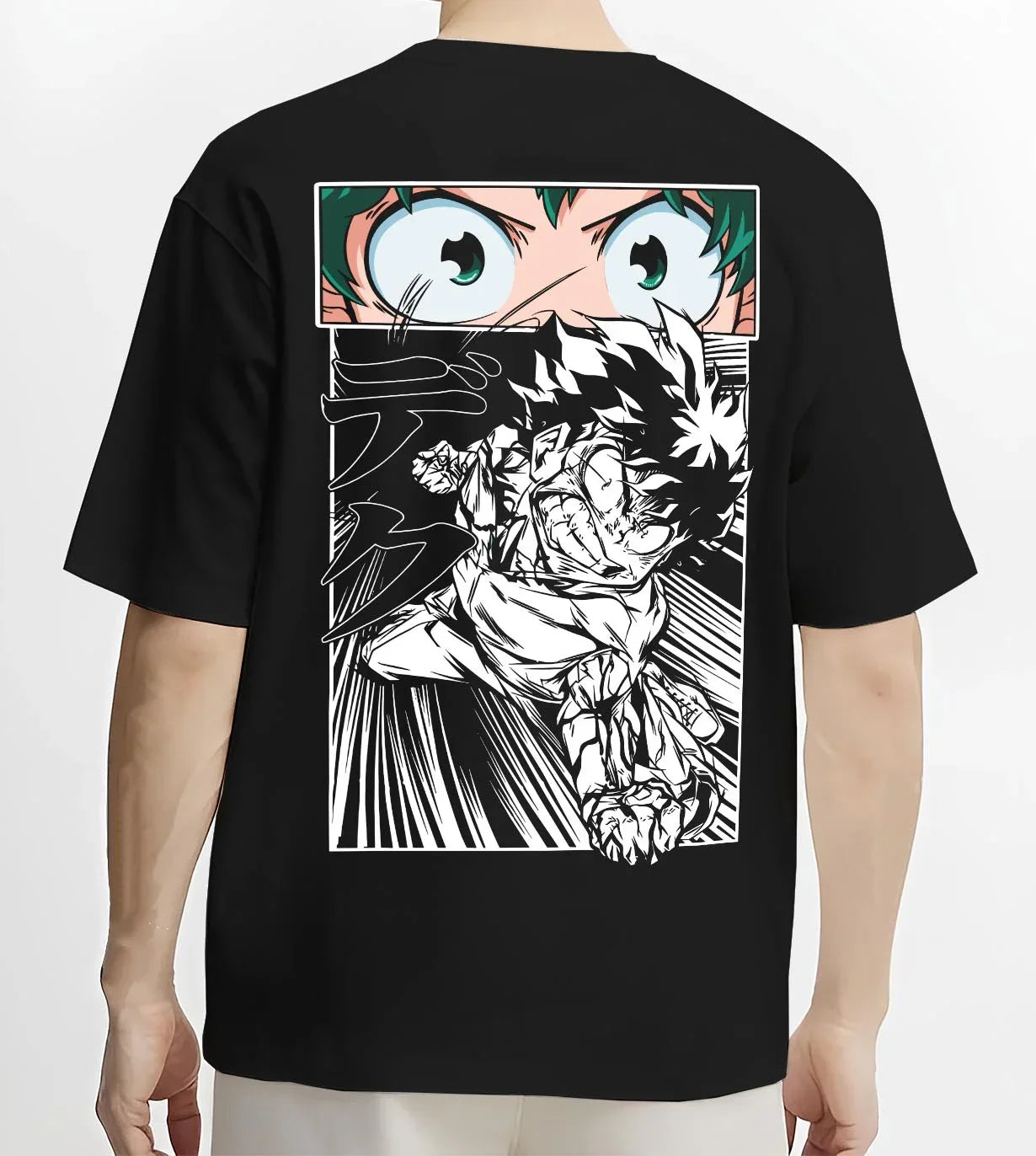 Black T-shirt worn by male model, back view with Deku Hoodie My Hero Academia Dynamic Action Line Art graphic bold anime graphic.
