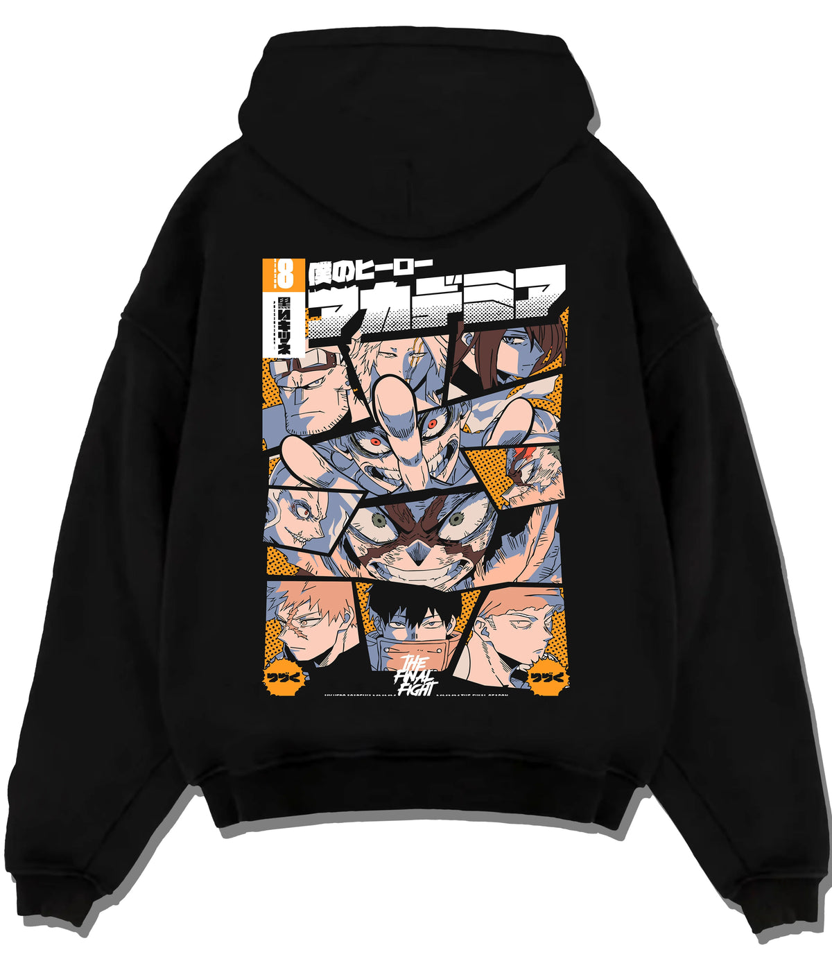 Black hoodie flat back view with My Hero Academia Season 8 character mosaic; Deku illustrated back graphic
