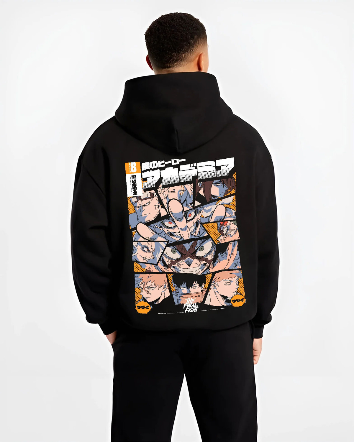 Black hoodie model back view with My Hero Academia Season 8 character mosaic; Deku illustrated back graphic