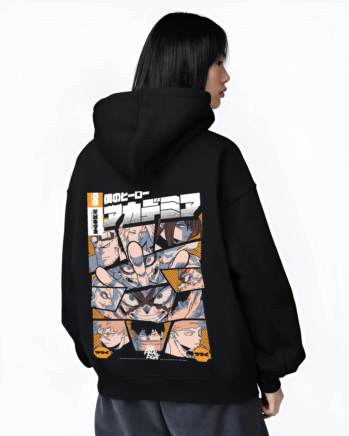 Black hoodie female model back view with My Hero Academia Season 8 character mosaic; Deku illustrated back graphic