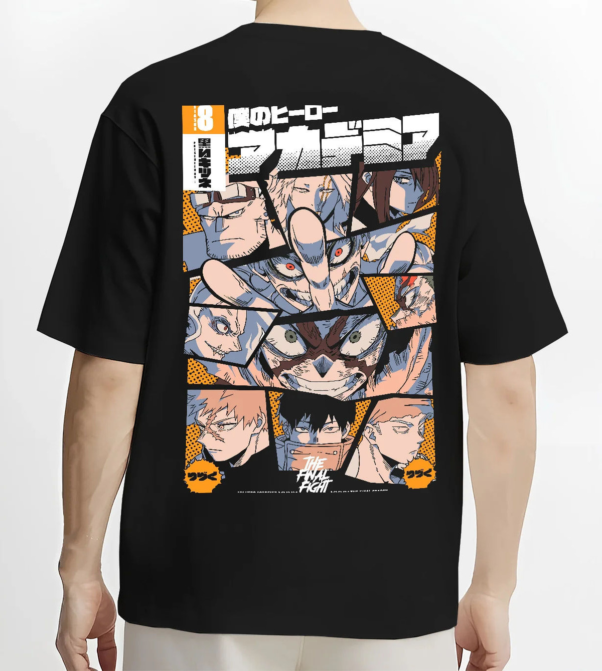 Black T-shirt model back view with My Hero Academia Season 8 character mosaic; Deku illustrated back graphic