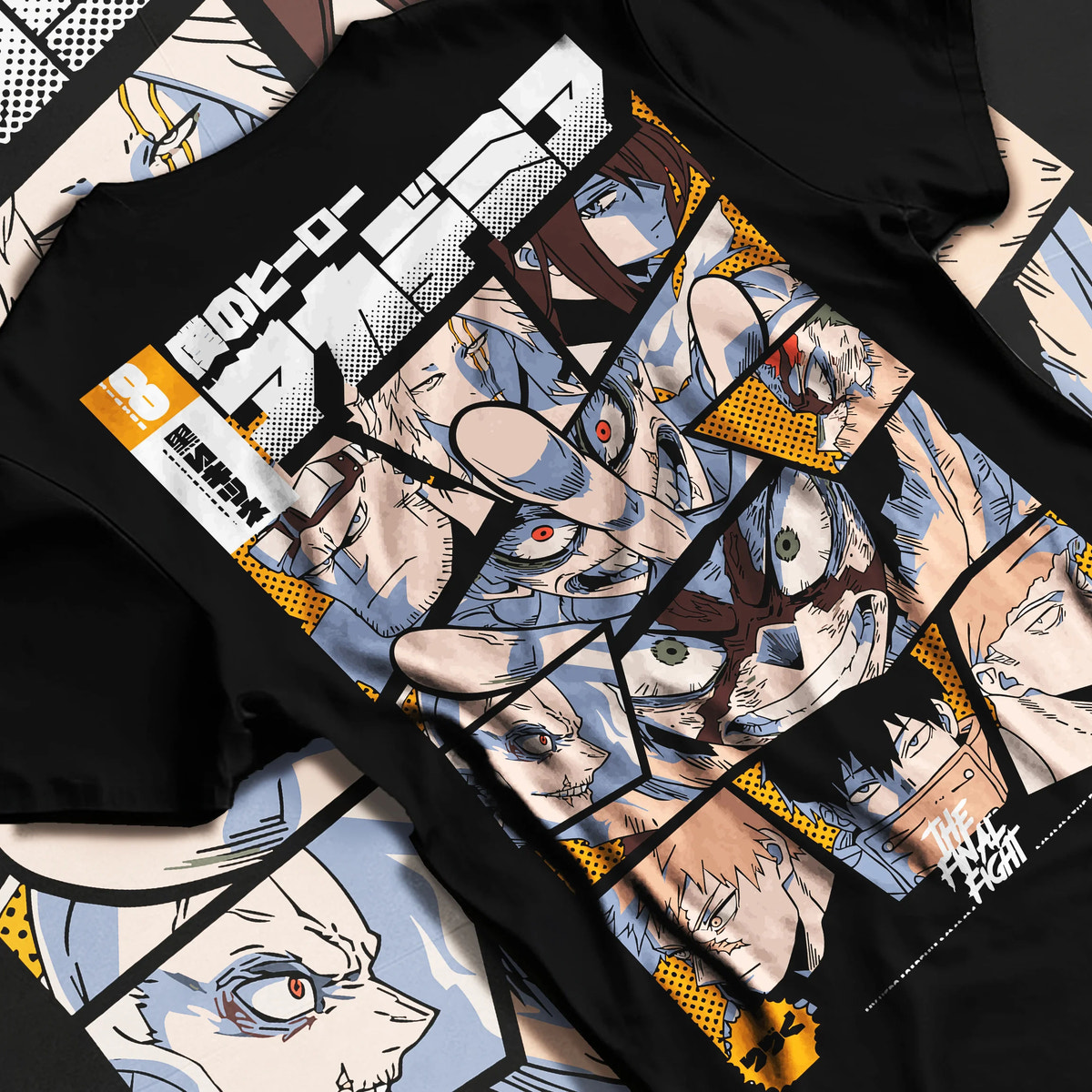 Black T-shirt flat back view with My Hero Academia Season 8 character mosaic; Deku illustrated back graphic