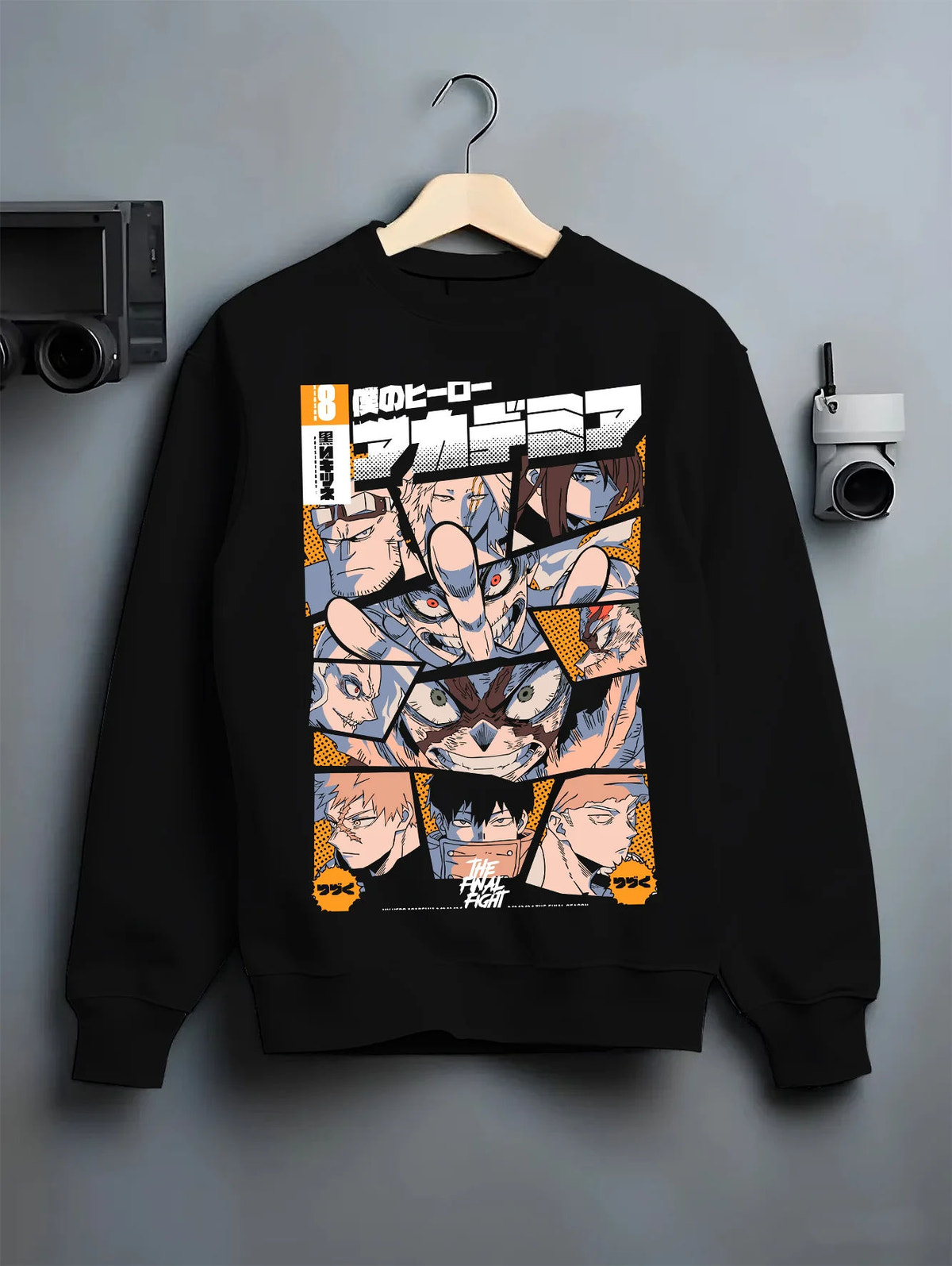 Black crewneck sweatshirt on hanger with My Hero Academia Season 8 character mosaic; Deku illustrated back graphic
