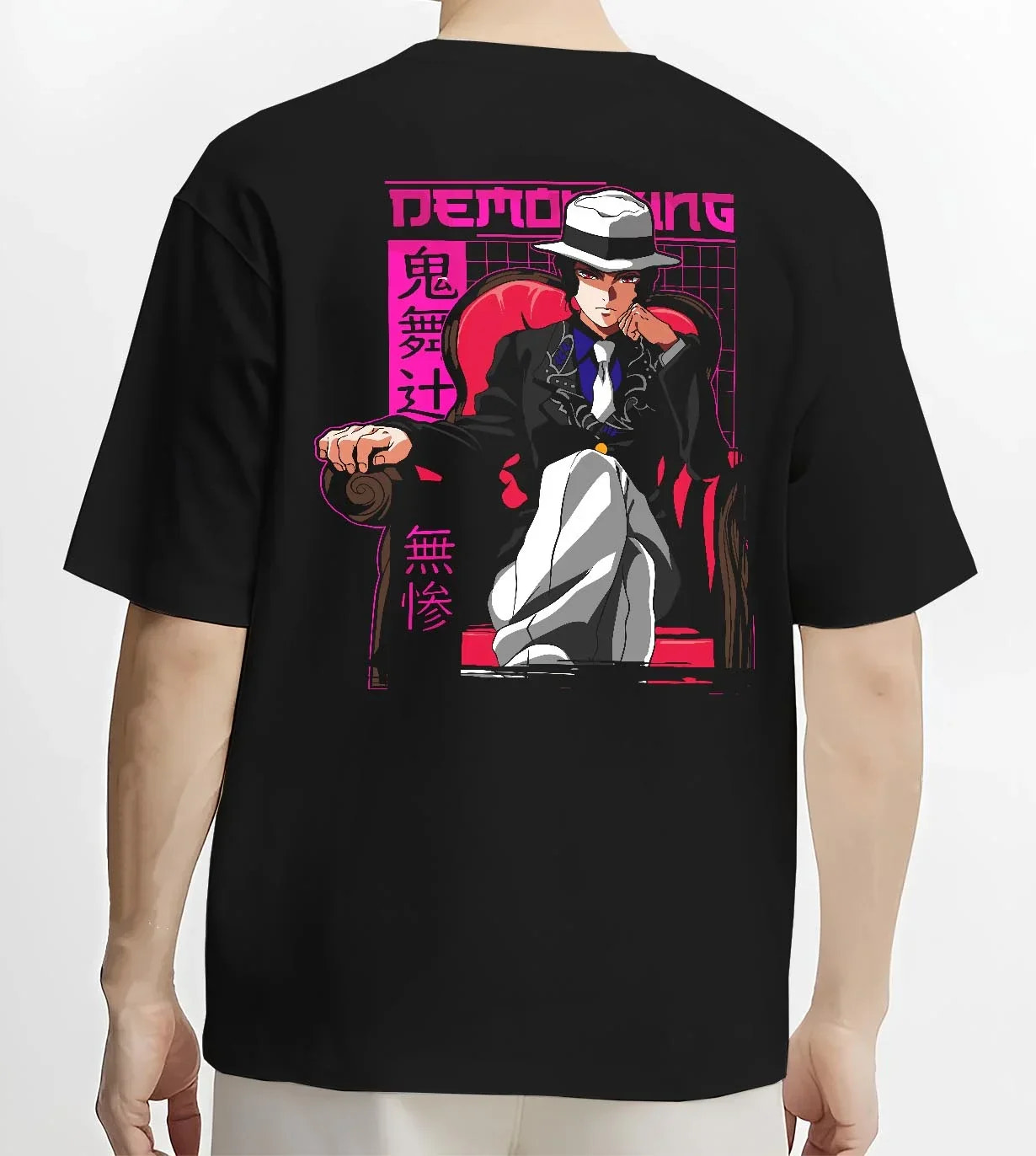 Black T-shirt worn by male model, back view with Demon Slayer Muzan Hoodie Final Form Anime Jumper graphic premium wear.