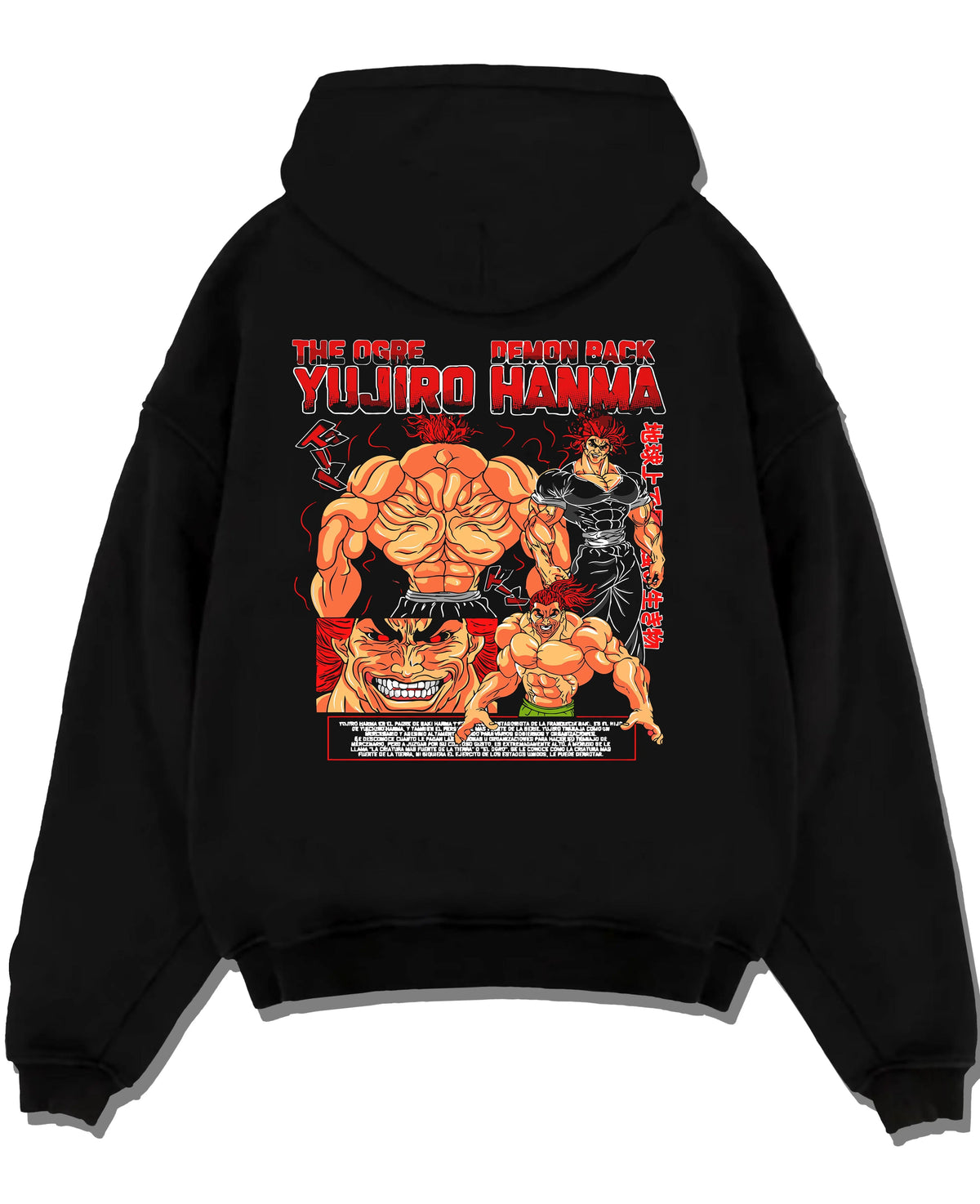 Black hoodie laid flat featuring Yujiro Hanma Baki demon back battle artwork.