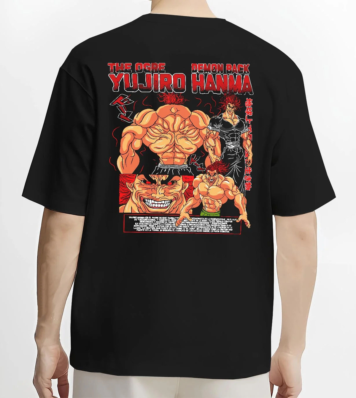 Black T-shirt worn by male model from the back featuring Yujiro Hanma Baki demon back battle artwork.