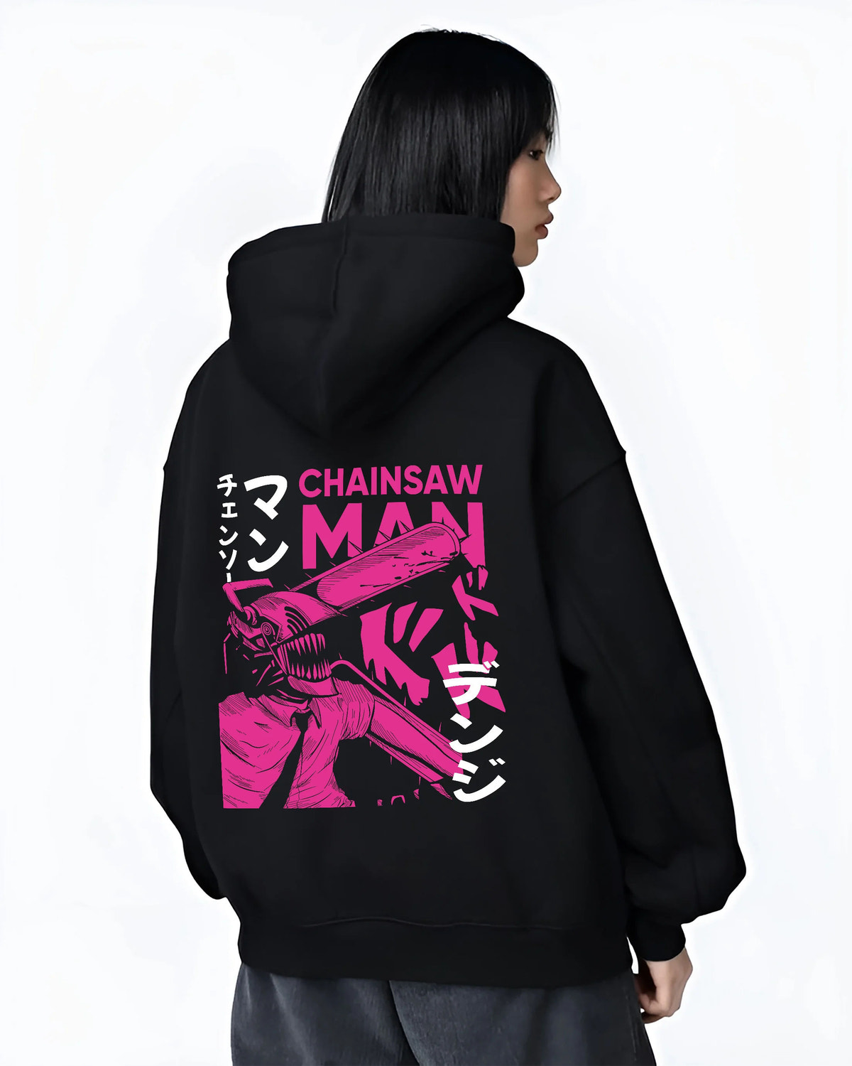 Black hoodie female model back view showing Chainsaw Devil / Denji from Chainsaw Man: magenta chainsaw-head graphic