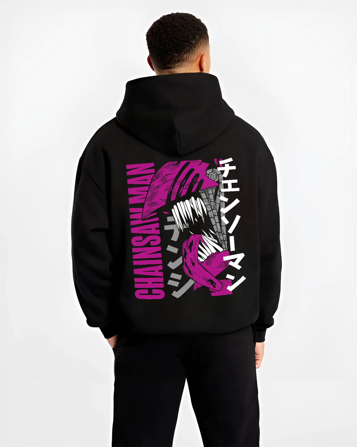 Black hoodie model back view showing Chainsaw Devil / Denji from Chainsaw Man: purple stylised manga poster